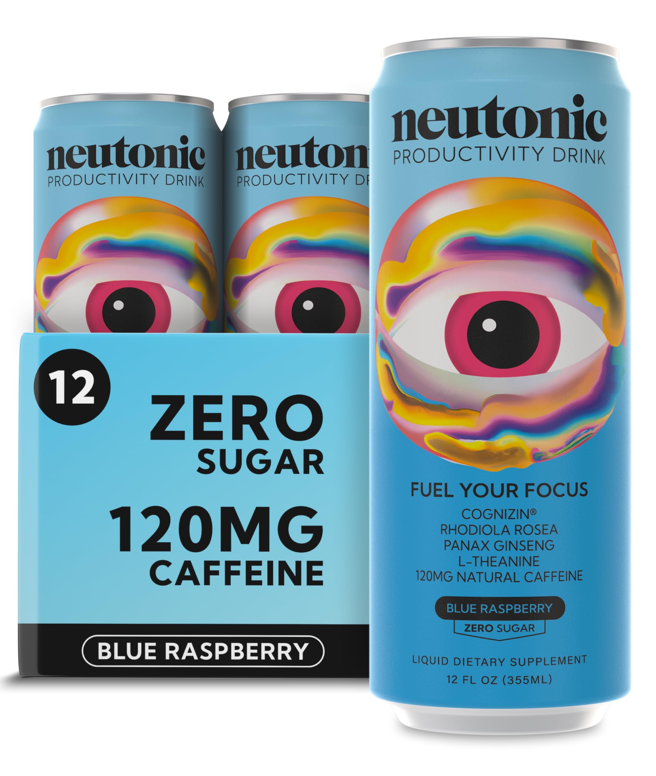Neutonic Nootropic Productivity Energy Drink | Blue Raspberry 12 Cans | 120mg Natural Caffeine, Zero Sugar | Support Memory, Mental Clarity, Cognitive