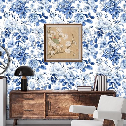 Miniatura 4 de Papel tapiz azul vintage elegante floral autoadhesivo para despegar y pegar, papel de contacto con hojas de peonía botánicas de acuarela blanca