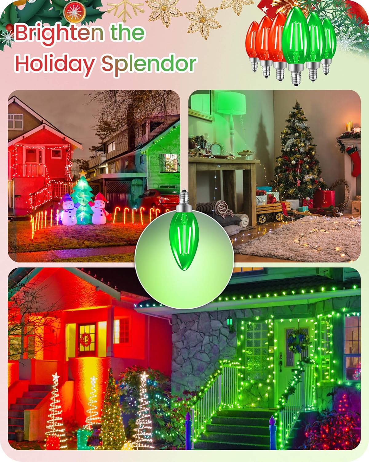Red & Green Dimmable E12 LED Light Bulbs, C35 5W (60W Equivalent) Glass Candelabra Bulbs, Candle Bulbs for Christmas, Halloween, Party, Holiday Decoration, 6 Pack RJ2C3P605
