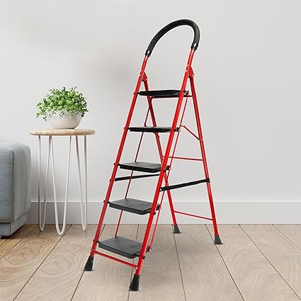 ZOLMIX Ladder for Home | Stairs for Home Use | Foldable Step Ladder, Firm Grip, Wide Anti Skid Steps Ladder for Home | Steel Sidi Non-Slip Handgrip| Durable, Heavy Duty, Safe | Red Color | 5 Step |