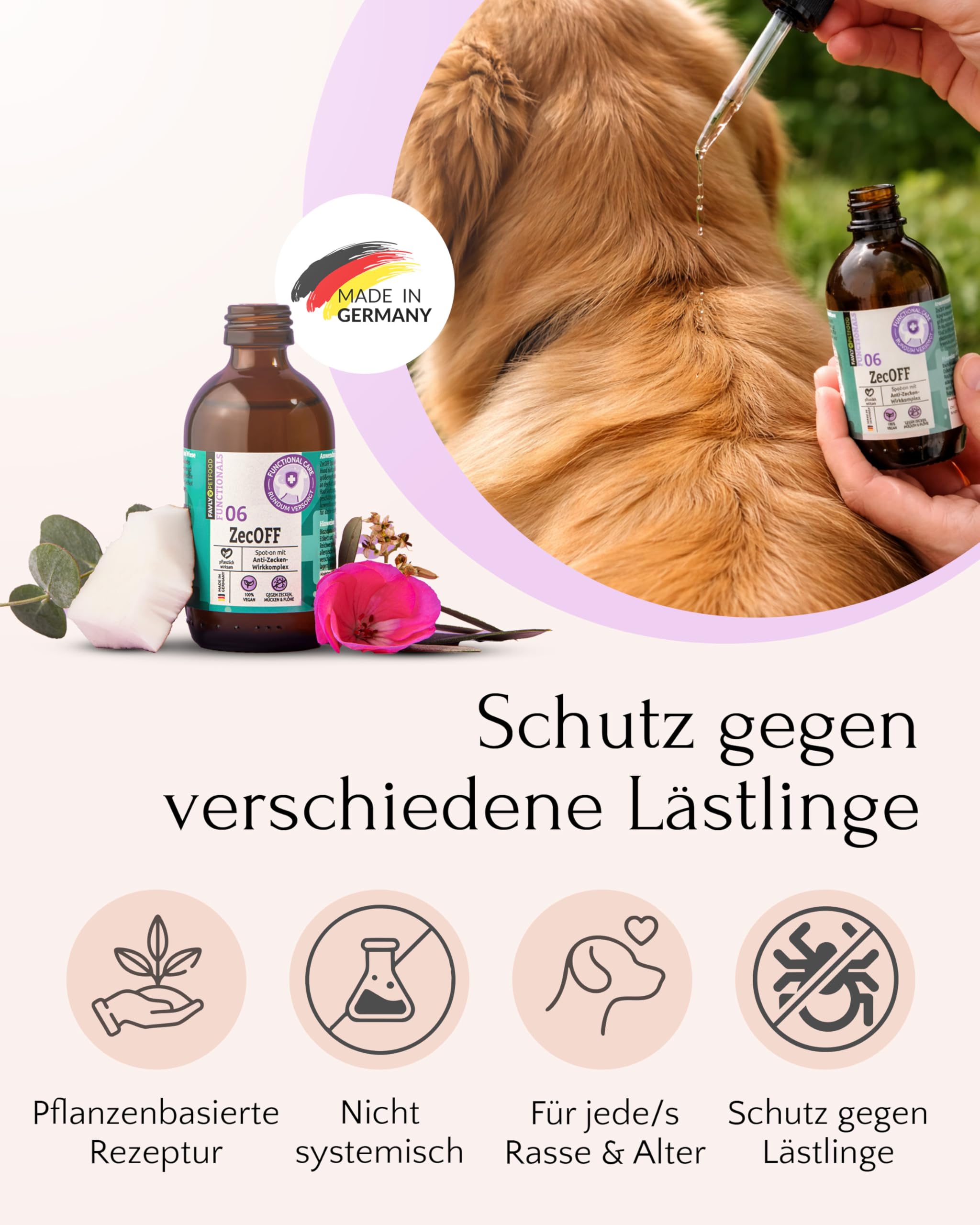 FAVLY – ZecOFF Zeckenschutz 50ml für Hunde ab 2kg – Spot-On gegen Zecken, Flöhe & Mücken – pflanzlich basiertes Zeckenmittel mit Saltidin, Neemöl, Eukalyptus, Geraniol – Zeckenabwehr ohne Nervengift