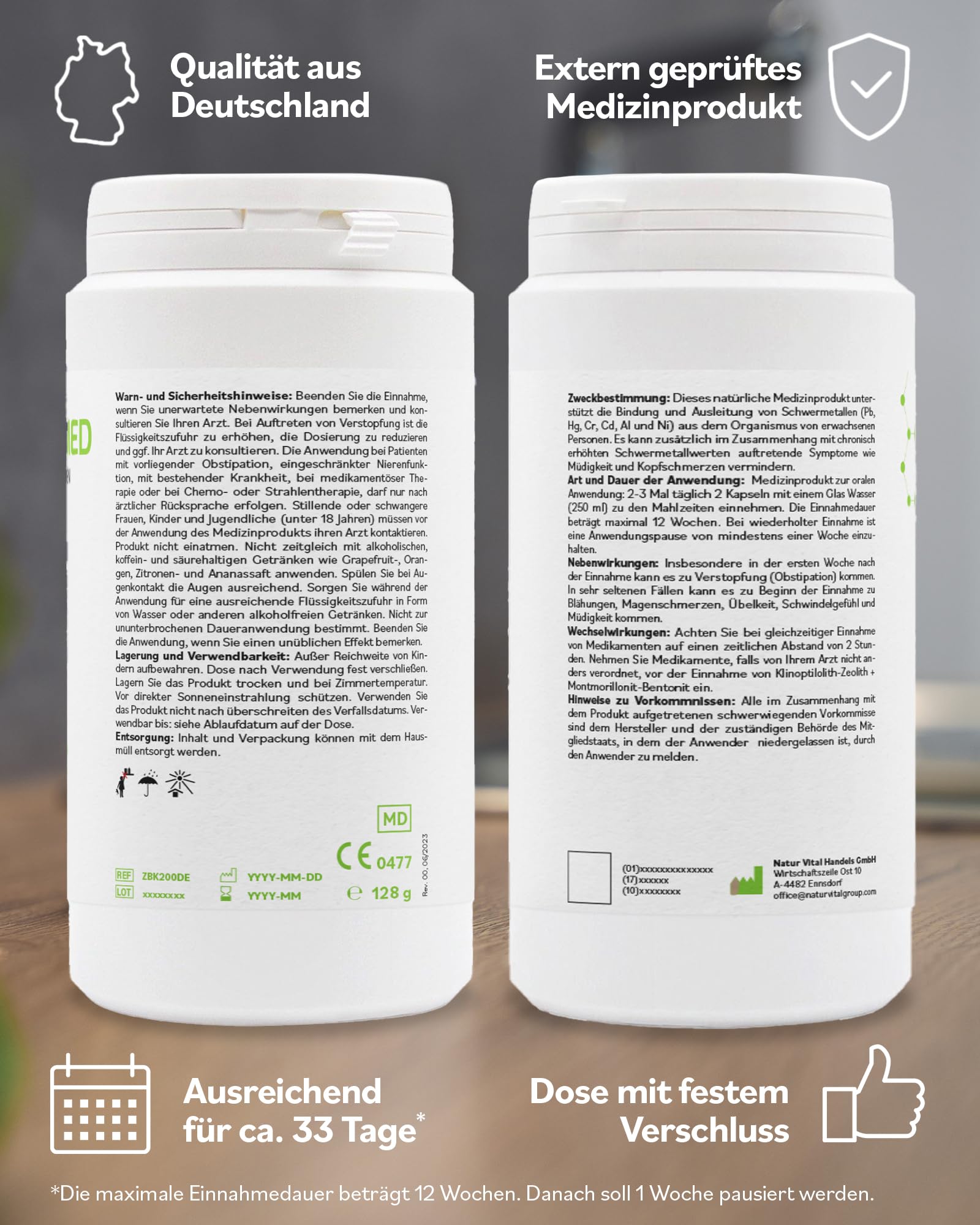 ZeoBent MED 200 Detox-Kapseln, Medizinprodukt, hochdosiert, hochwirksam ultrafein 9µm, Apothekenqualität, Entgiftung von Schwermetallen, 100% Zeolith-Klinoptilolith, Zeolith Bentonit