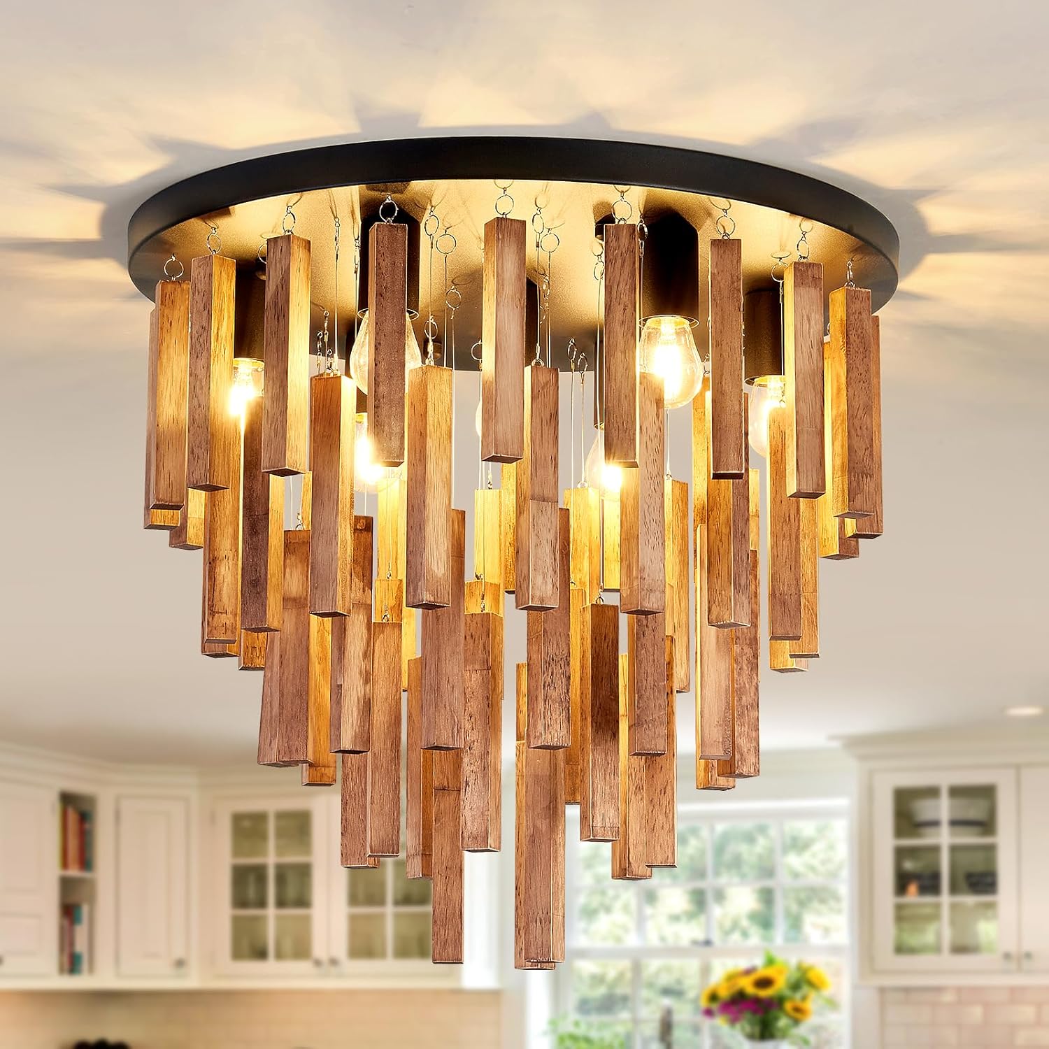 UOFUS 7-Light Wood Semi Flush Mount Ceiling Light Rustic Boho Chandelier Light Fixture Oak and Black Farmhouse Ceiling Lamp for Living Room Bedroom Kitchen Dining Room Bathroom Foyer Stairwell 20.47inch