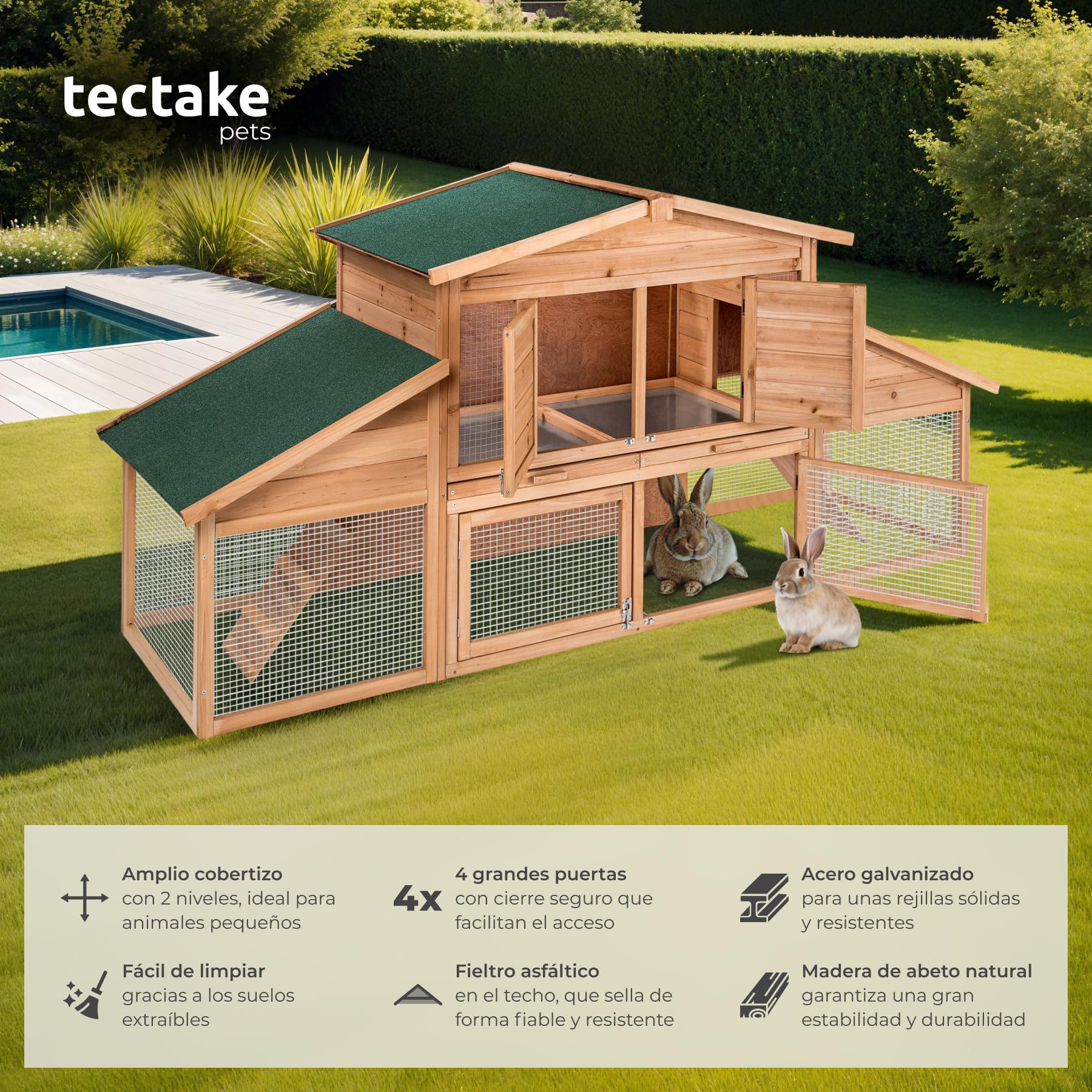 tectake® Conejera Exterior de Madera con Espacios Abiertos y Cerrados, Ideal como Casa para Conejos o Jaula Cobaya, Ideal para Tener Tus Conejos de Mascota al Aire Libre - 226 x 77 x 95,5 cm Marrón