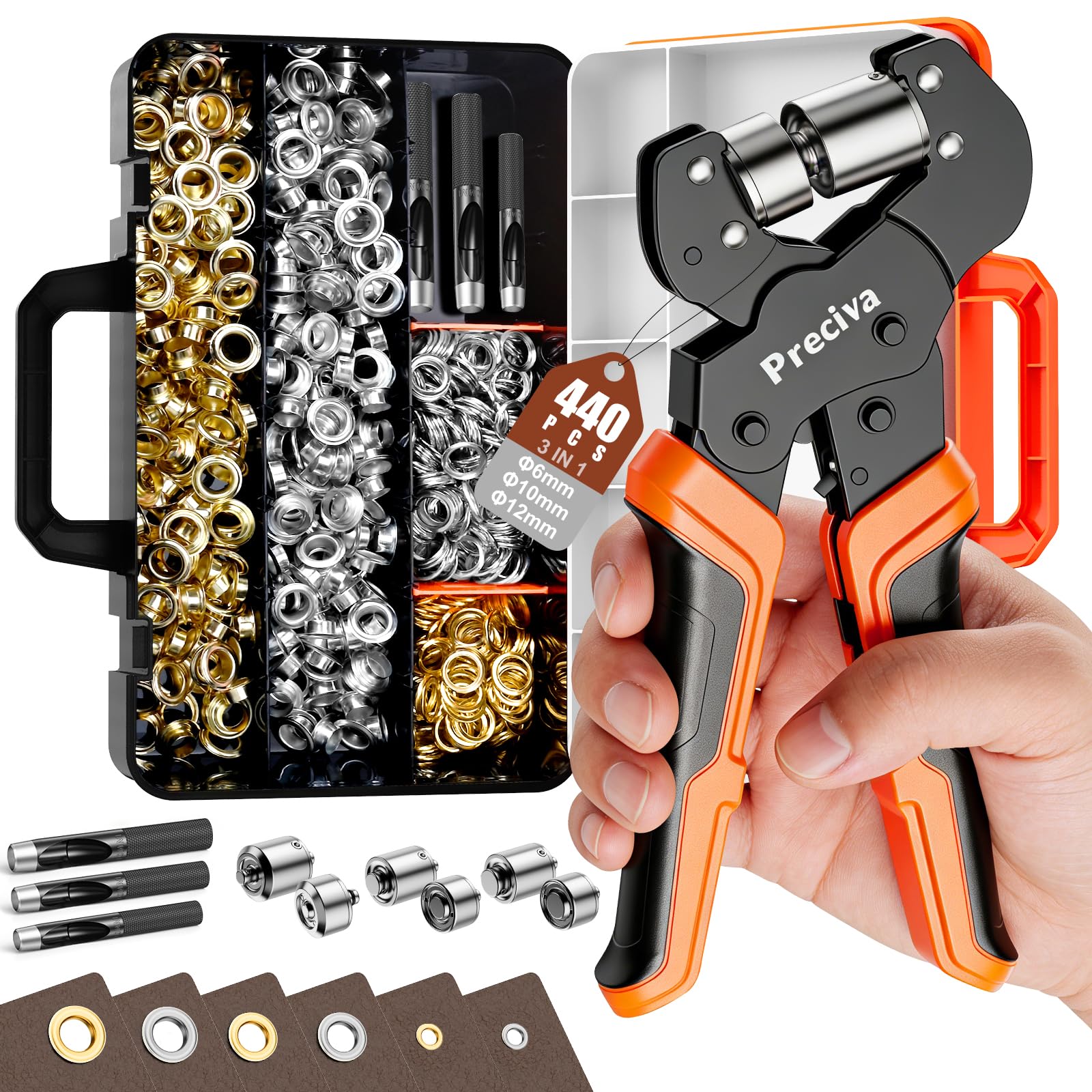 Preciva Kit d'outils pour œillets – Perforatrice et outil de fixation d'œillets 1/2", 1/4", 3/8" avec 440 œillets