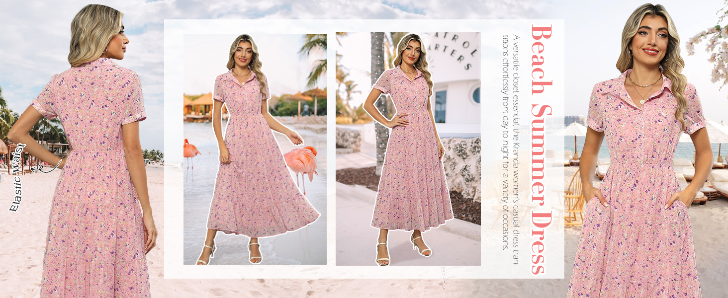 Kranda Summer Dresses for Women 2026 Spring Collared V-Neck Short Sleeve  Button Down Casual Swing Flowy Long Beach Chiffon Boho Floral Maxi Dress  with Pockets Aqua Green Leaf,Small at Amazon Women's Clothing