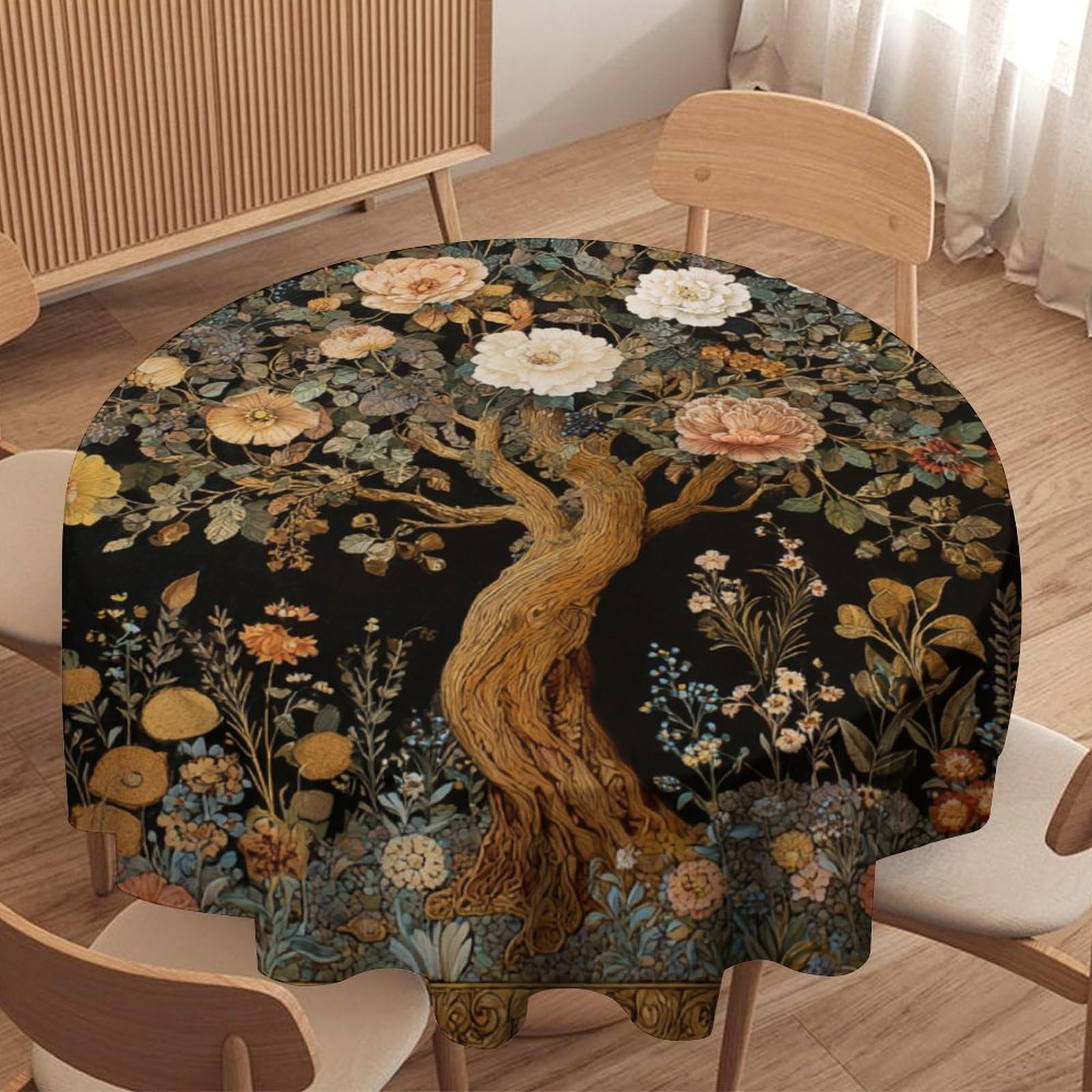 LUYYSKY Antique Classic Tree of Life Waterproof Round Tablecloth Exotic Oil Painting Boho Botanical Trees Floral Print Washable Table Cover for Kitchen-127 Wx127 L cm