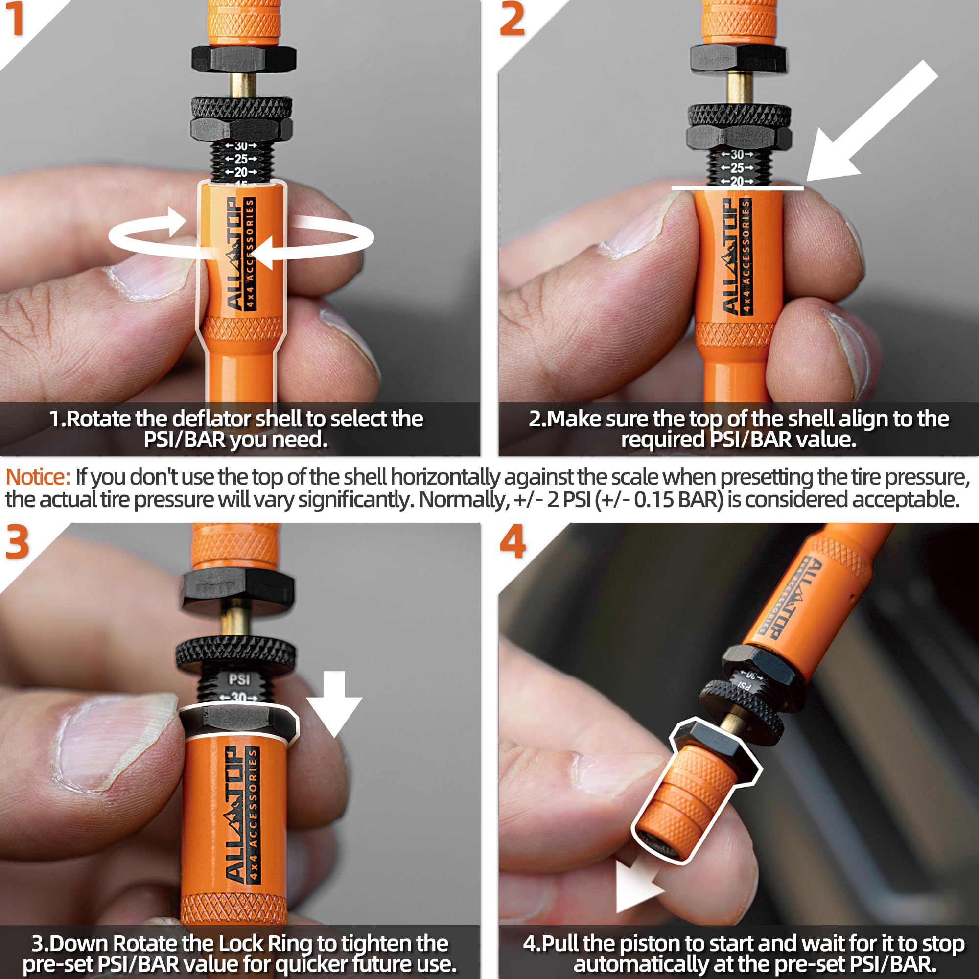 ALL-TOP Kit valvola di sgonfiaggio pneumatici automatica regolabile (10 – 30 psi), 4 pezzi, strumento avvitabile per pneumatici, con 4 tappi per valvole di riserva, per fuoristrada 4x4 (2a generazione
