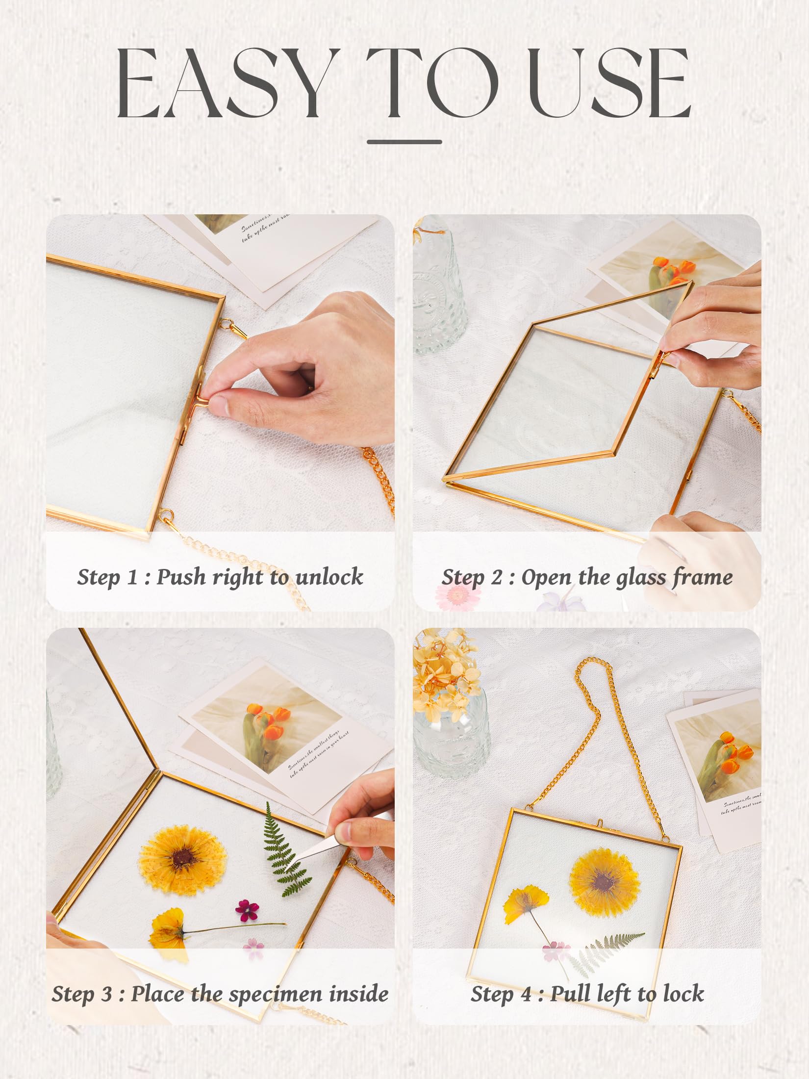 REDHUGO gepresste Blumenrahmen, schwebende Glasrahmen zur Präsentation von getrockneten Pflanzenspezimen, hängender Messing-Fotorahmen mit Kette, doppelt klares Glas, Vintage Wanddekoration, Quadrat