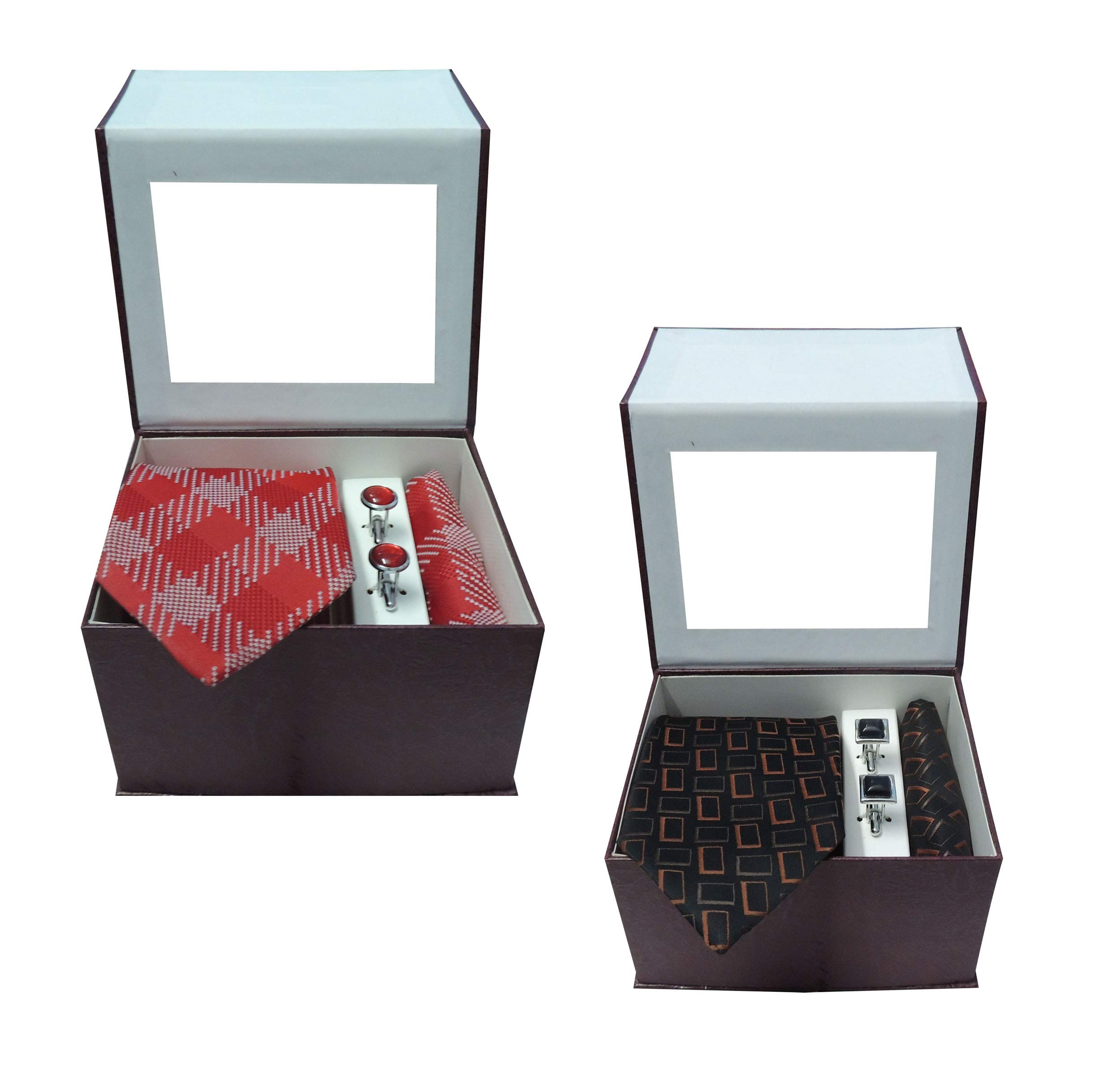 Combo Offer Check Design Red Color & Pink Geometrical Design Men's Neck Ties, Cufflink and Pocket Square With handicraft Box .(CO.001)-image-2