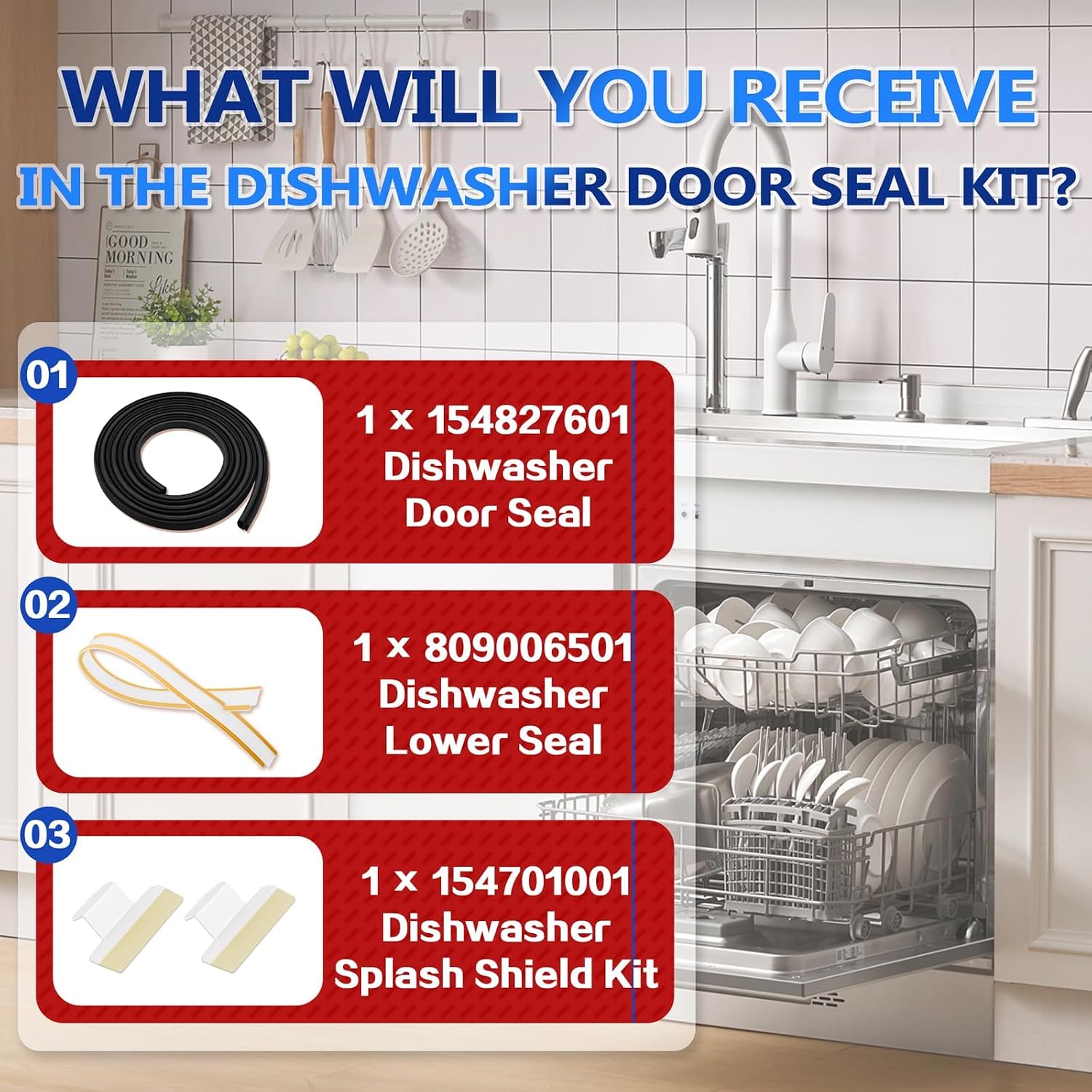 154827601 Dishwasher Bottom Door Seal Gasket Kit, Fit for Frigi-daire Ken-more Cros-ley Dishwasher - Including 154827601 Tub Gasket, 809006501 Lower Seal, 154701001 Splash Shield Kit