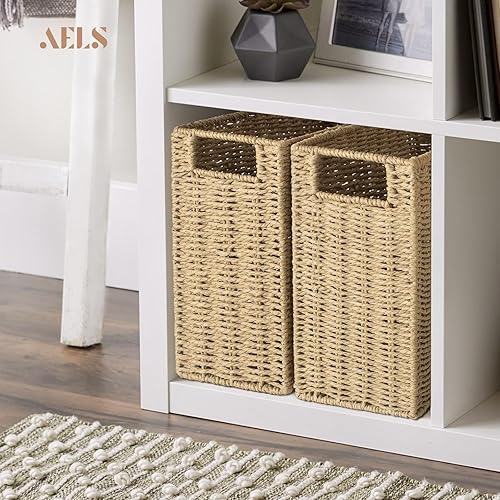 Miniatura 4 de AELS Cesta tejida de fibra natural para revistas, soporte de revistas para piso, organizador de revistas tejido a mano, cesta de revistas con asas