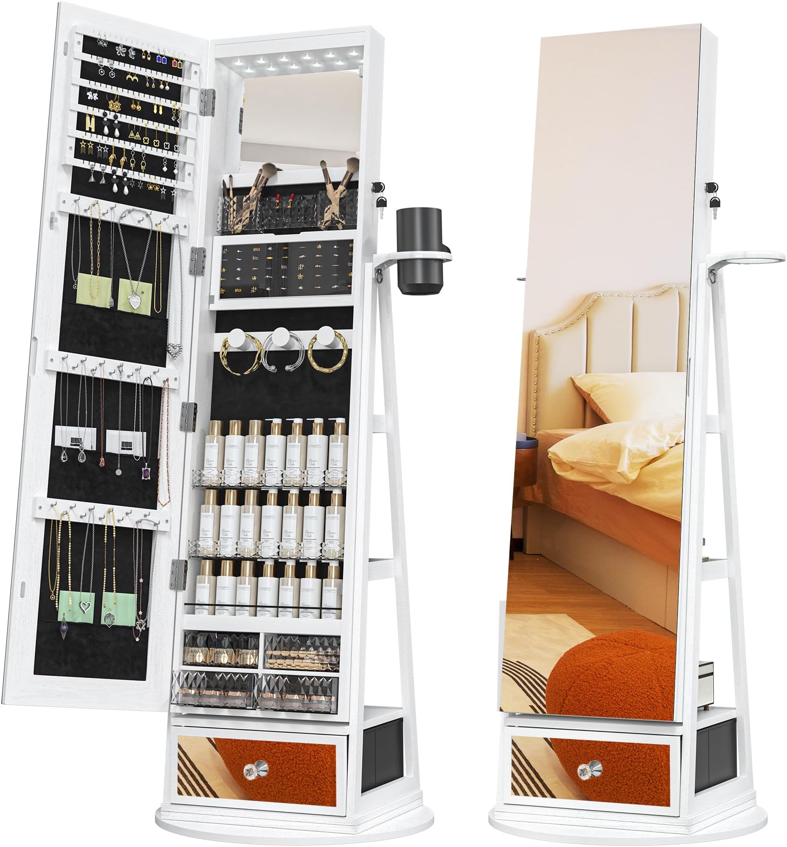 TJYGO Mirror Jewelry Cabinet Standing, 6 LED Lights, 360° Swivel Full Length Mirror with Storage, Jewelry Armoire Organizer with Drawer, Foldable Makeup Shelf