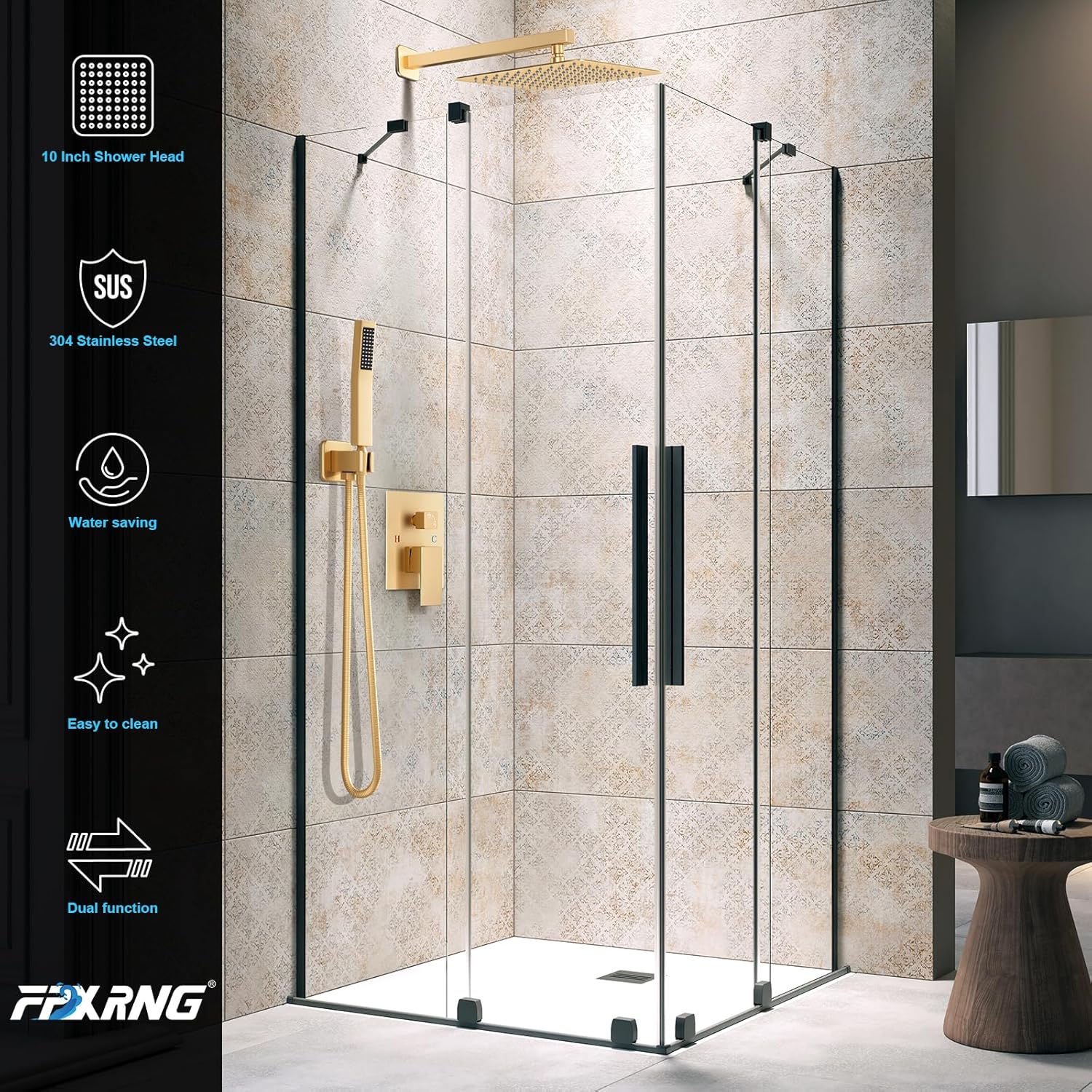 FPXRNG Gold Shower Faucet Set, Rainfall Shower System with Rain Shower Head and Handle Set, Wall Mounted Shower Fixtures, Full Metal Trim Repair Kit 10 inch Paint Gold (With Shower Valve)