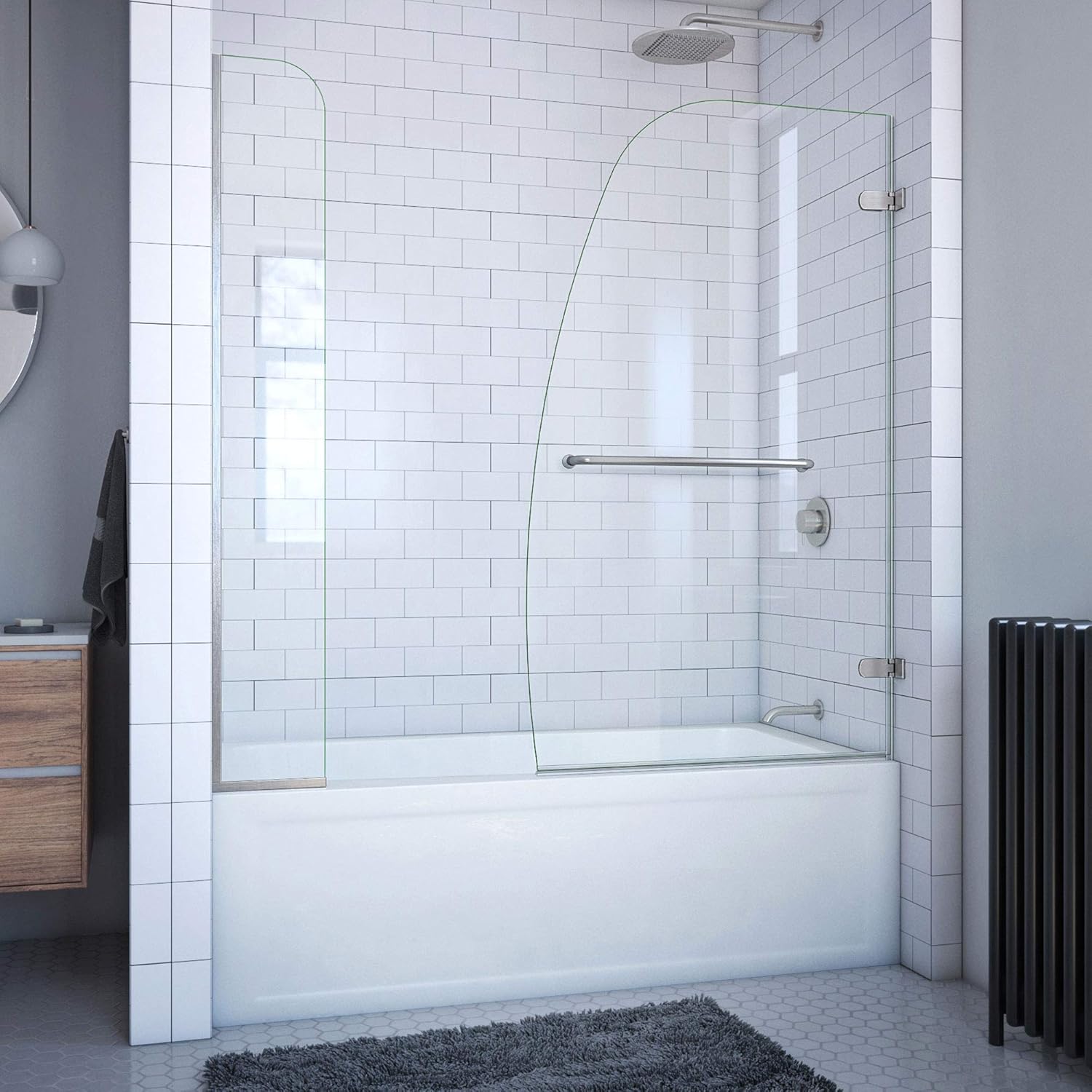 DreamLine Aqua Uno 56-60 in. W x 58 in. H Frameless Hinged Tub Door with Extender Panel in Brushed Nickel, SHDR-3534586-EX-04