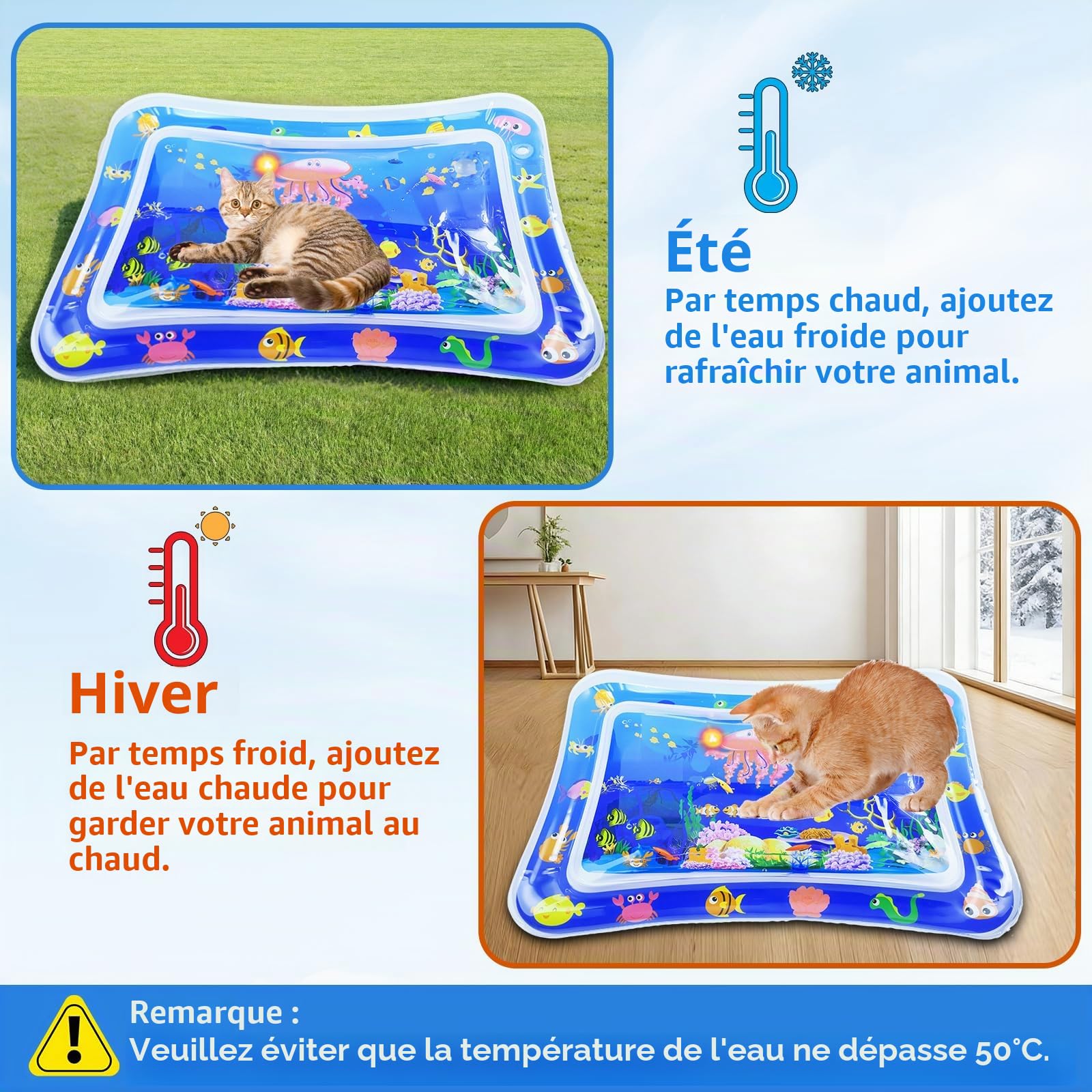 KATELUO Tapis de Jeu Aquatique Chat, LED Tapis Sensoriel d'eau Chats, Tapis d'eau Gonflable pour Chat, Tapis d'eau Interactif d'été pour Chats, Utilisable à l'intérieur et à l'extérieur en été