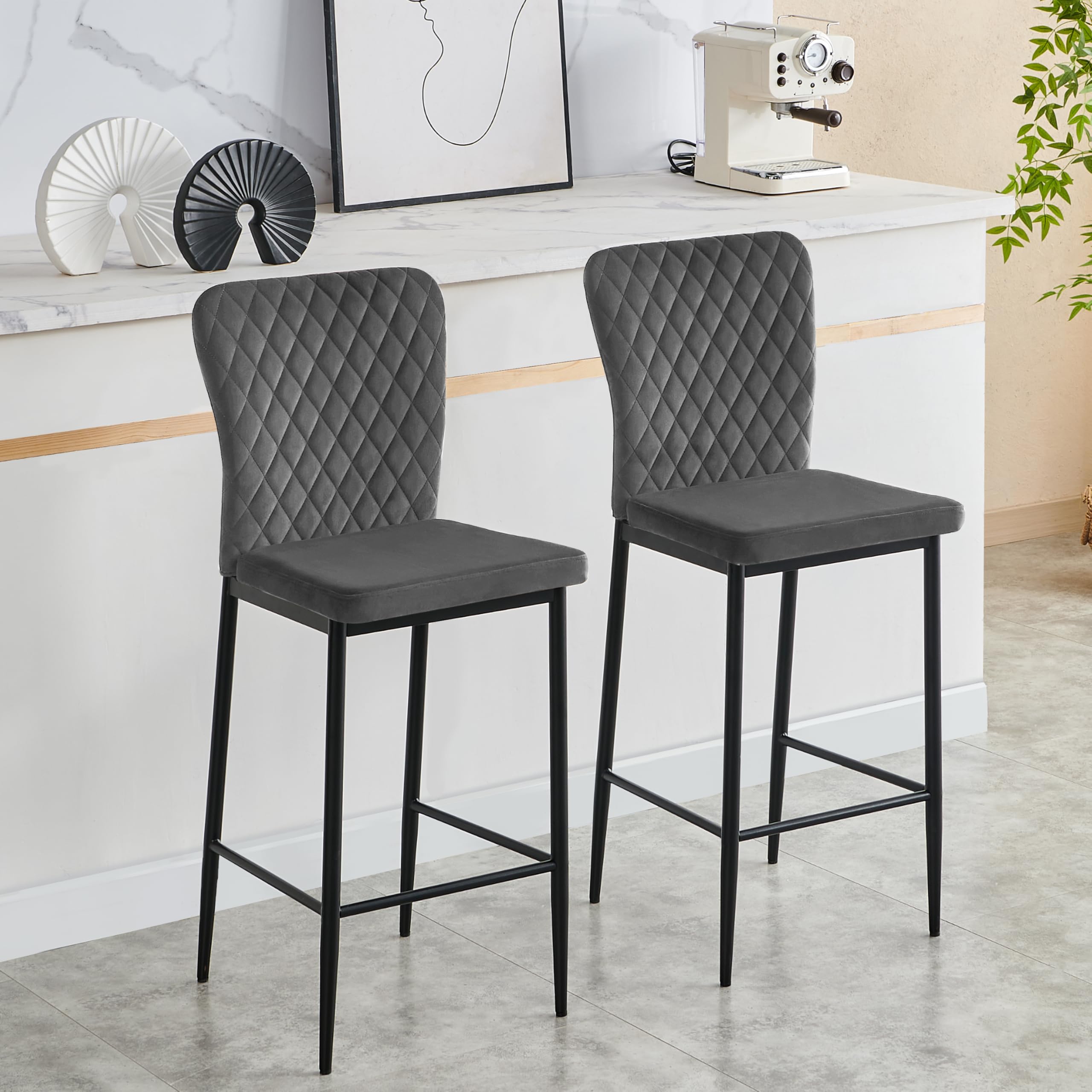 AINPECCA Barstools Set of 2 Grey Velvet Kitchen Breakfast Bar Stools, Counter Chairs,Kitchen Island Stools with Backs and Footrests Modern High Bar Stools with Back Rest for Home(Velvet Gry,2)