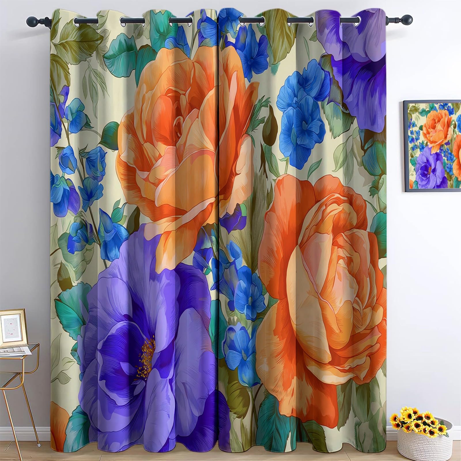 Kinderzimmer Vorhänge Retro Floral Verdunkelungsvorhang Blickdicht mit Ösen, Hellviolett Druck Dekoration Gardinen - für Jungen & Mädchen 140 x 245 cm (2er Set)