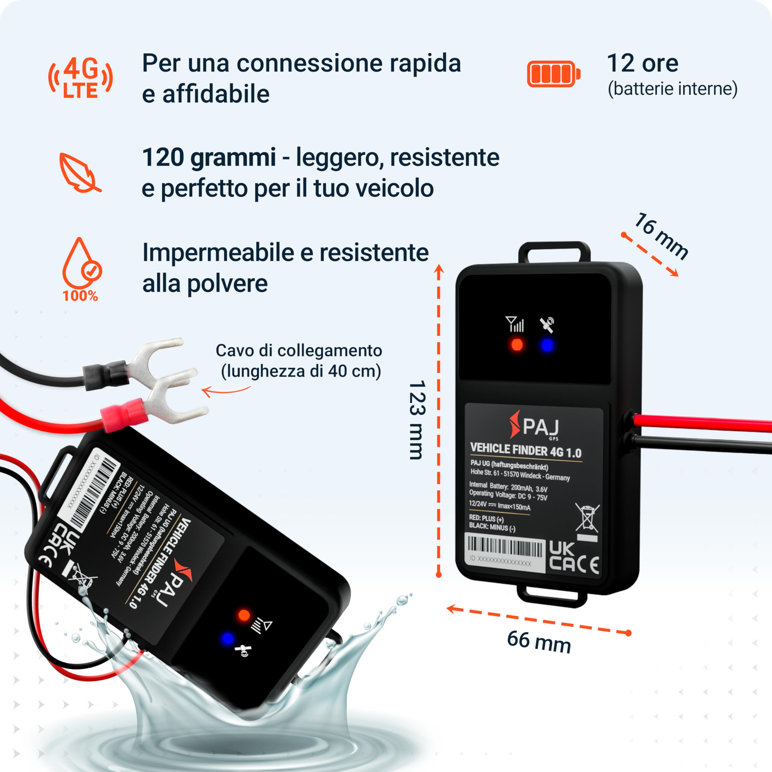 PAJ VEHICLE Finder 4G 1.0, Localizzatore GPS per Moto, Auto e altri Veicoli, Collegamento Diretto alla Batteria, Tracciamento in Tempo Reale, Perfetto per la Gestione delle Flotte Aziendali
