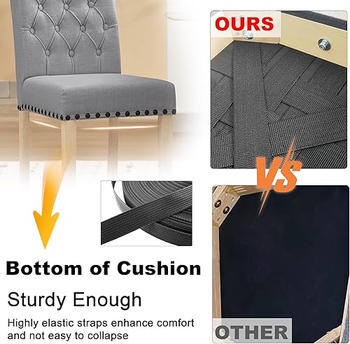 Miniatura 5 de LOULENS Juego de 2 sillas de comedor de tela, modernas sillas Parson tapizadas de lino con ribete de cabezas de clavos, botones acolchados, patas de