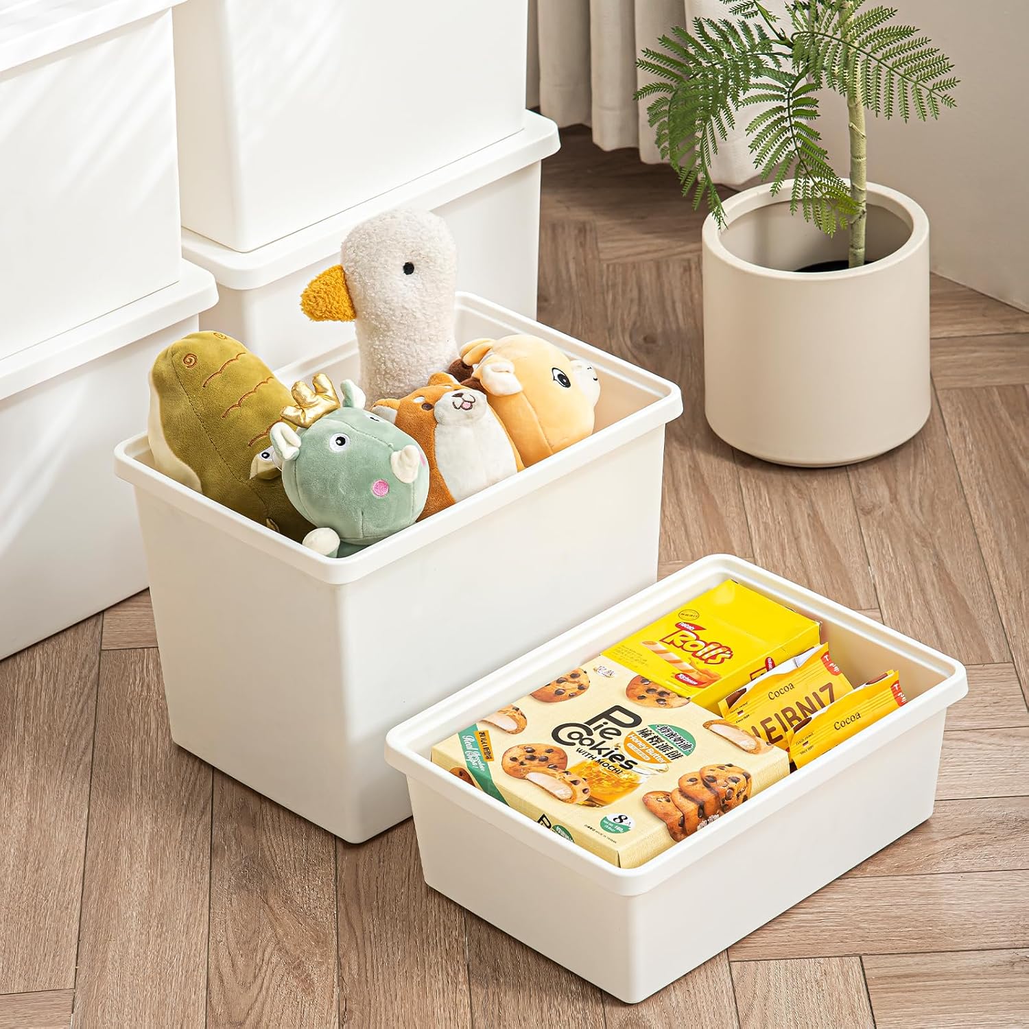 15 Quart White Stackable Storage Bins – with lock lids, built-in handles, and dust/water/moisture-proof. for organizing clothes, toys, office supplies in closets, under beds, garages. (white, 2L)