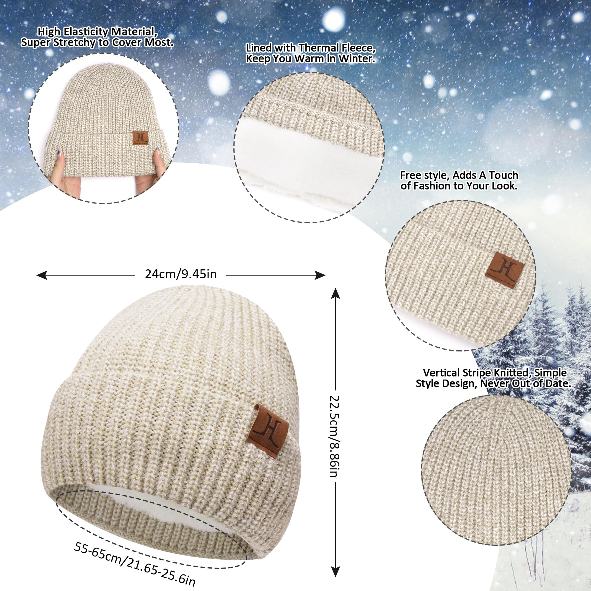 ZASFOU Damskie zimowe ciepłe czapki beanie, długi szalik, rękawiczki dotykowe - zestaw dzianinowych szalików na szyję i czapek typu skull cap z polarem, prezenty dla kobiet, Biały, beżowy, Rozmiar