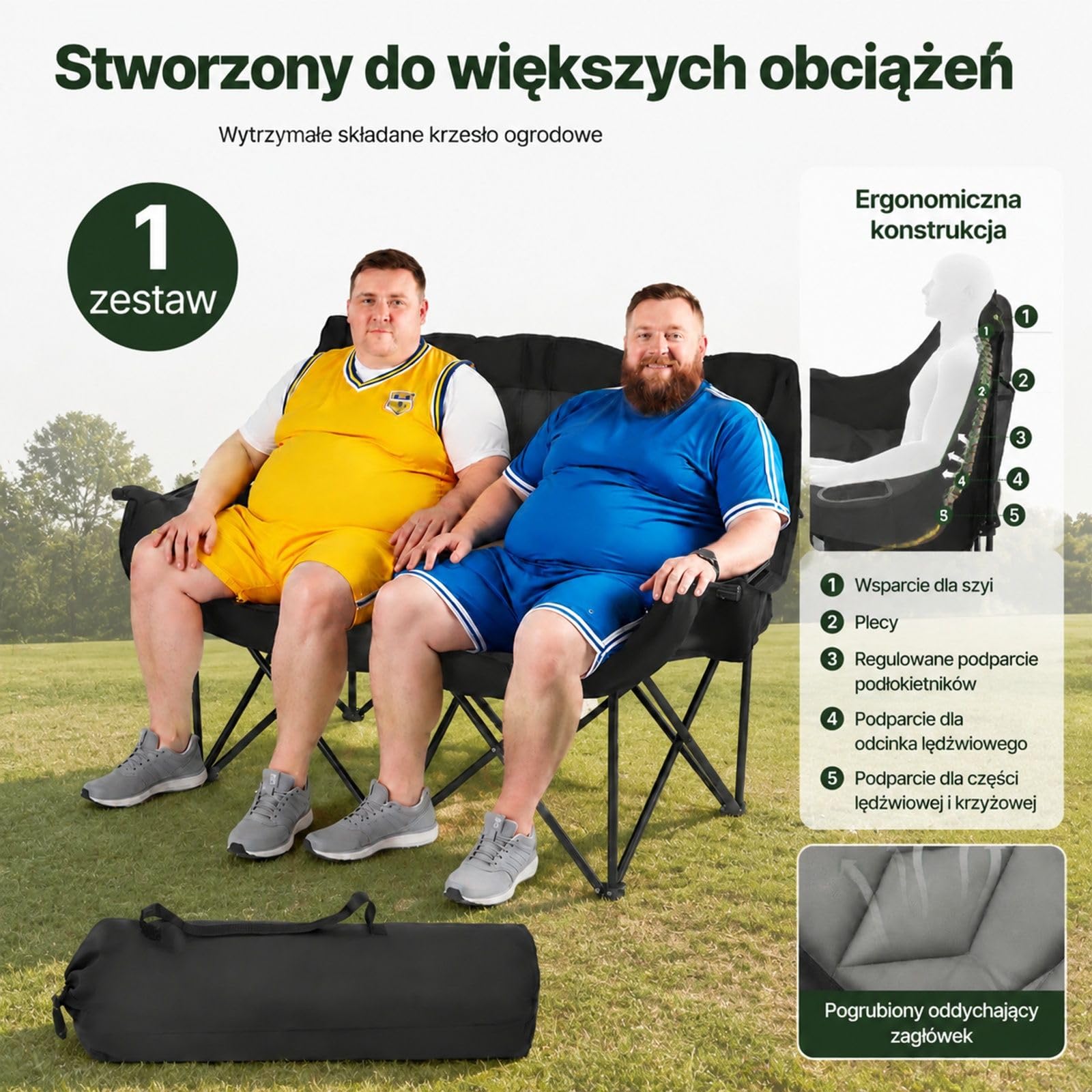 Składane krzesło kempingowe dla 2 osób, tkanina Oxford 600D, czarno-szare, uchwyty na napoje i czasopisma, torba, wędkowanie