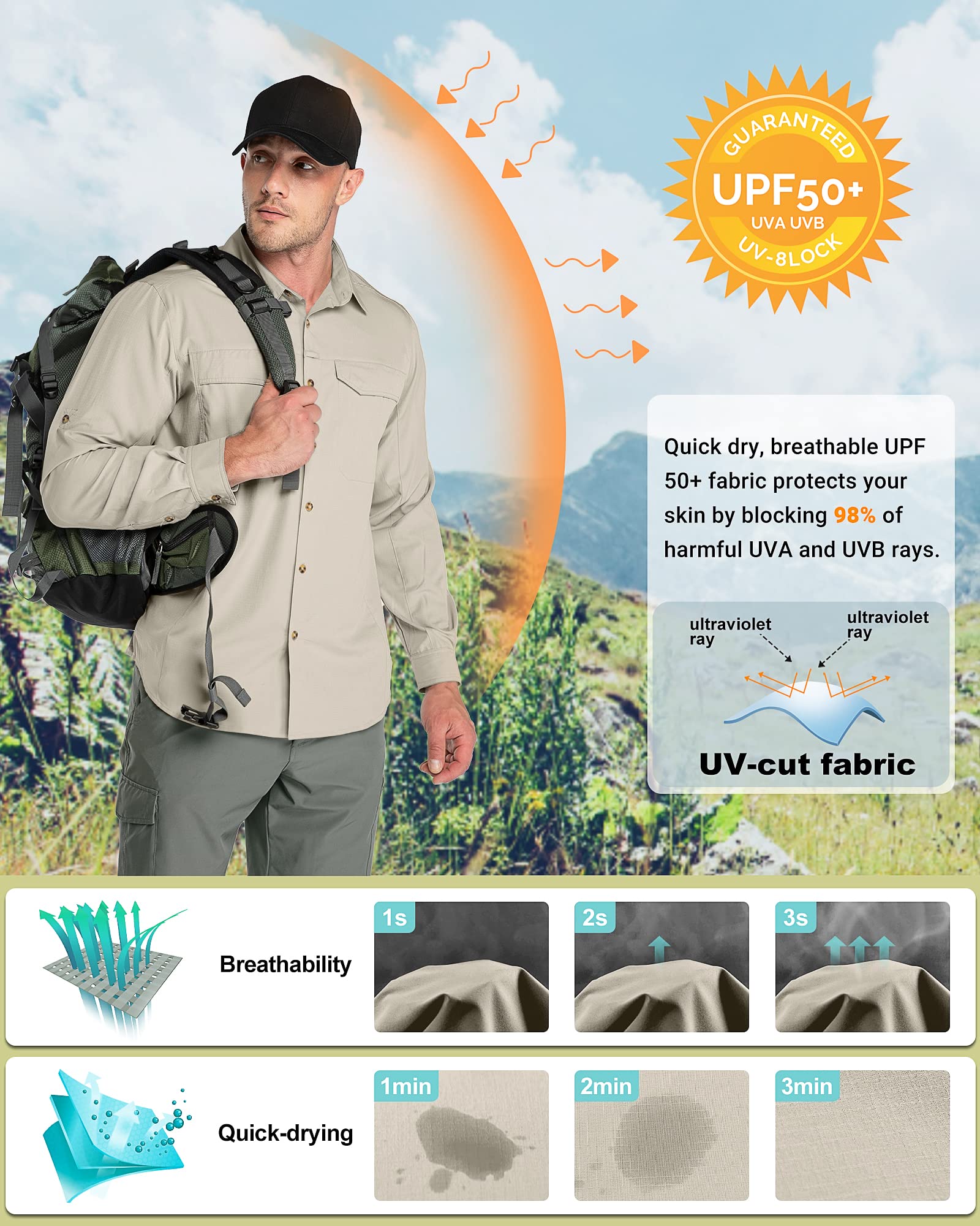 Outdoor Ventures Camisa para hombre de manga larga, transpirable, de secado rápido, camiseta funcional para hombre, primavera, verano, protección UV, camiseta deportiva