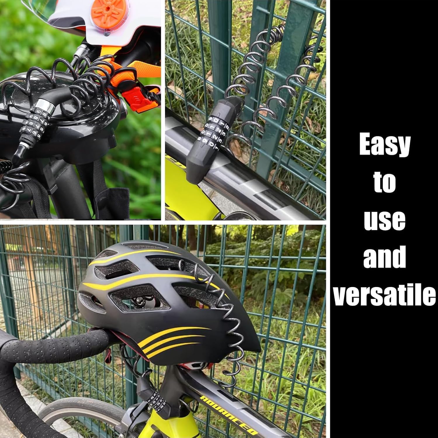 Helmet Lock with Combination Code, 150 cm Cable Lock for Motorcycle Helmet and Bicycle Helmet, Universally Suitable for Pushchairs and Scooters, 4-Digit Padlock, Anti-Theft Protection for Equipment