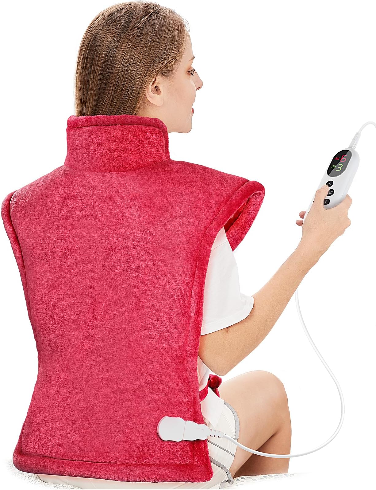 Electric Heating Pad for Back Neck and Shoulders 60x100cm, Heated Warmer with Waist Strap, 6 Heat Levels, Auto-Off Timer, Mia&Coco - Comfort Red