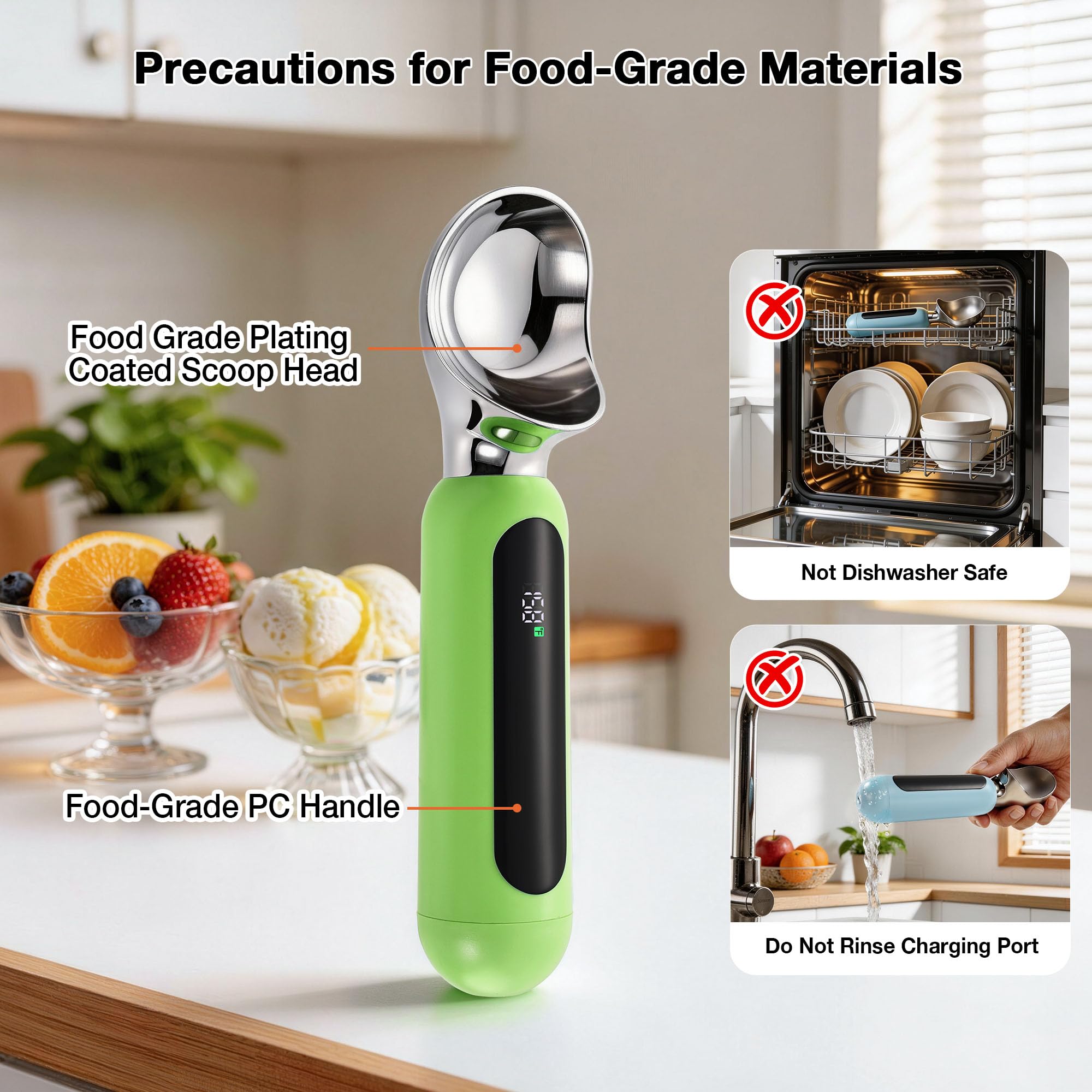Paletta per gelato riscaldata, ricaricabile, elettrica, con display a LED, interruttore on/off, impermeabile IP67, riscalda fino a 70 °C, per gelato duro (verde)