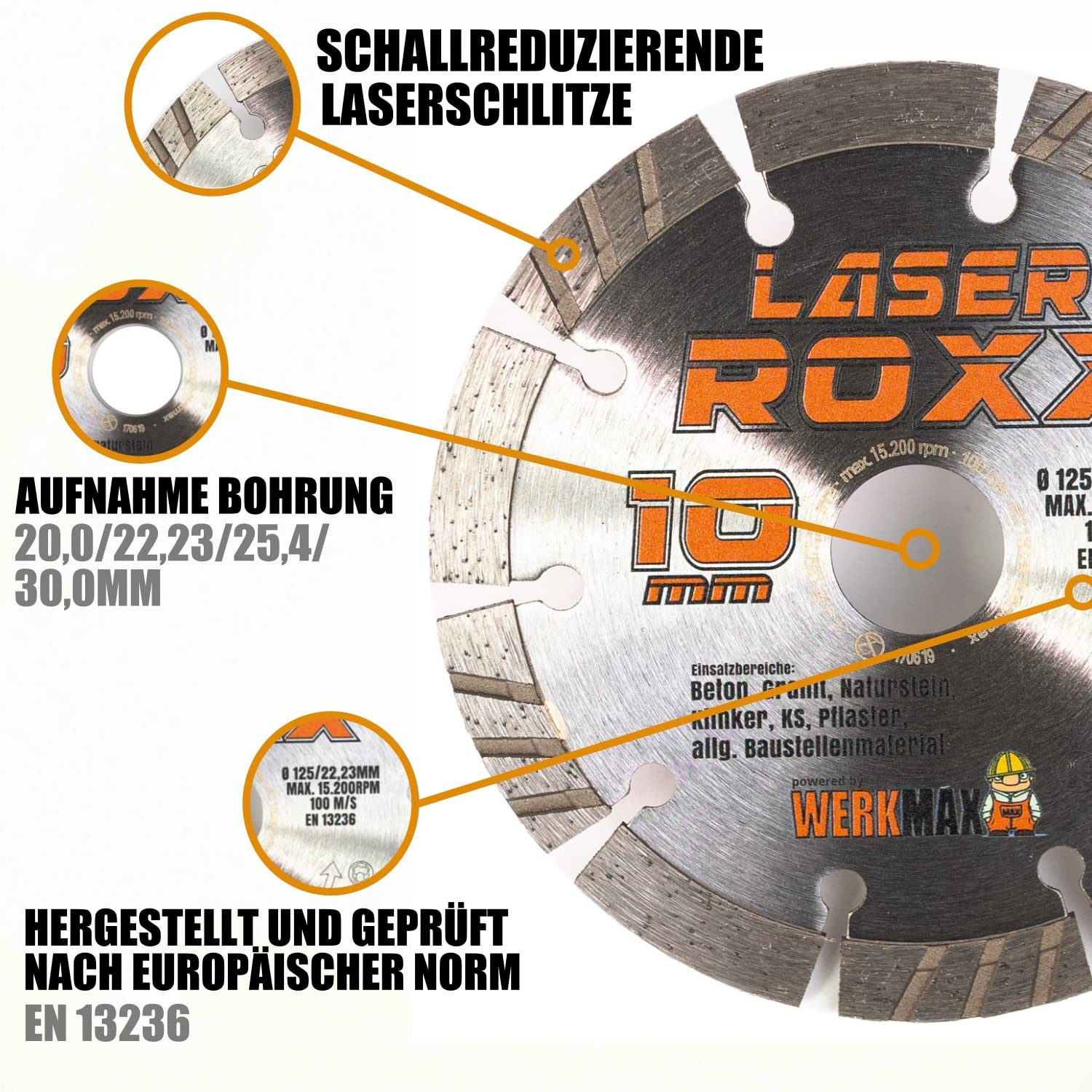 Werkmax Diamanttrennscheibe 230 mm. 3-er SET. Laser Roxx Diamantscheibe für Beton, Pflasterstein, Ziegel, Granit, Naturstein