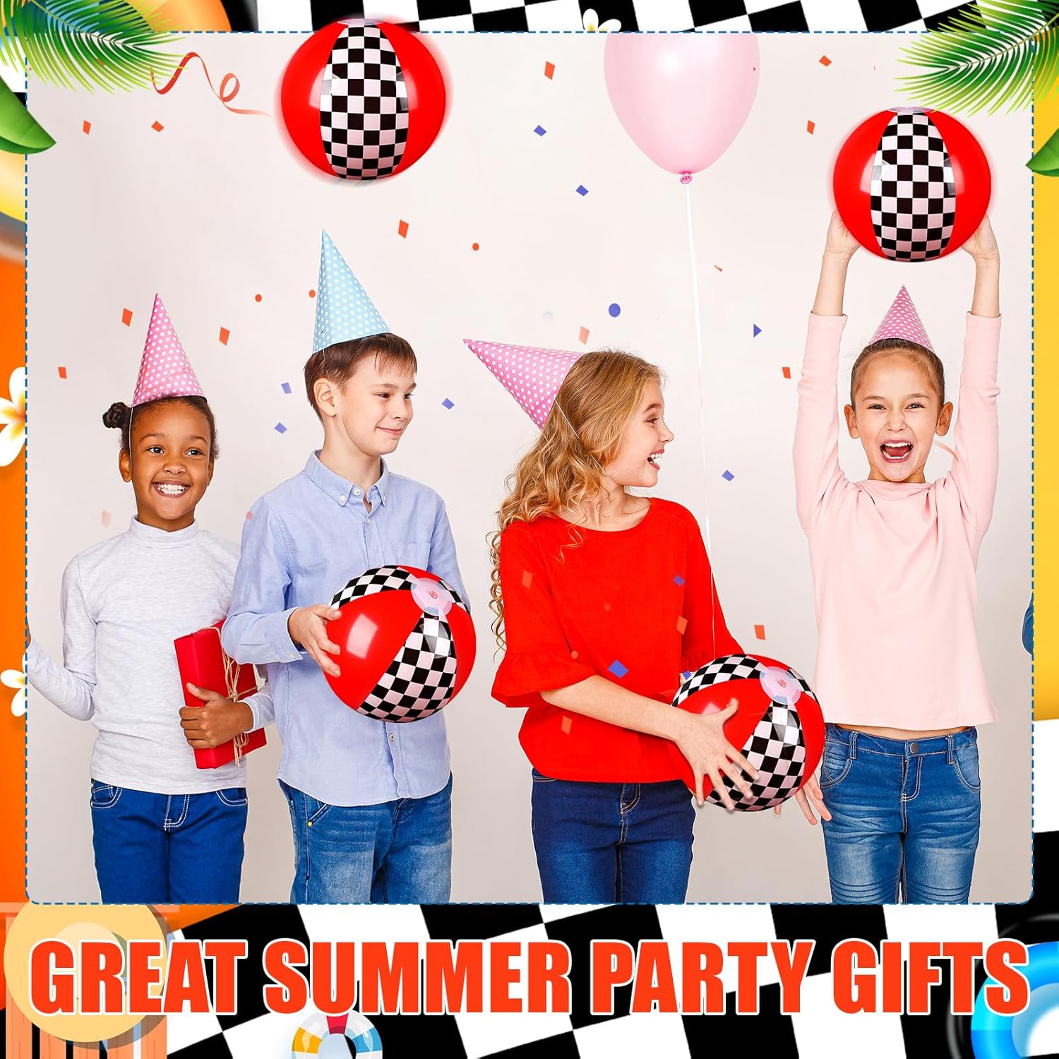 Hollowfly 6 Pack Race Car Beach Ball for Kids 7.87" Bulk Inflatable Black and White Checkered Flag Swimming Pool Ball Toys Summer Beach Water Game Gifts Cartoon Birthday Party Favors Supplies