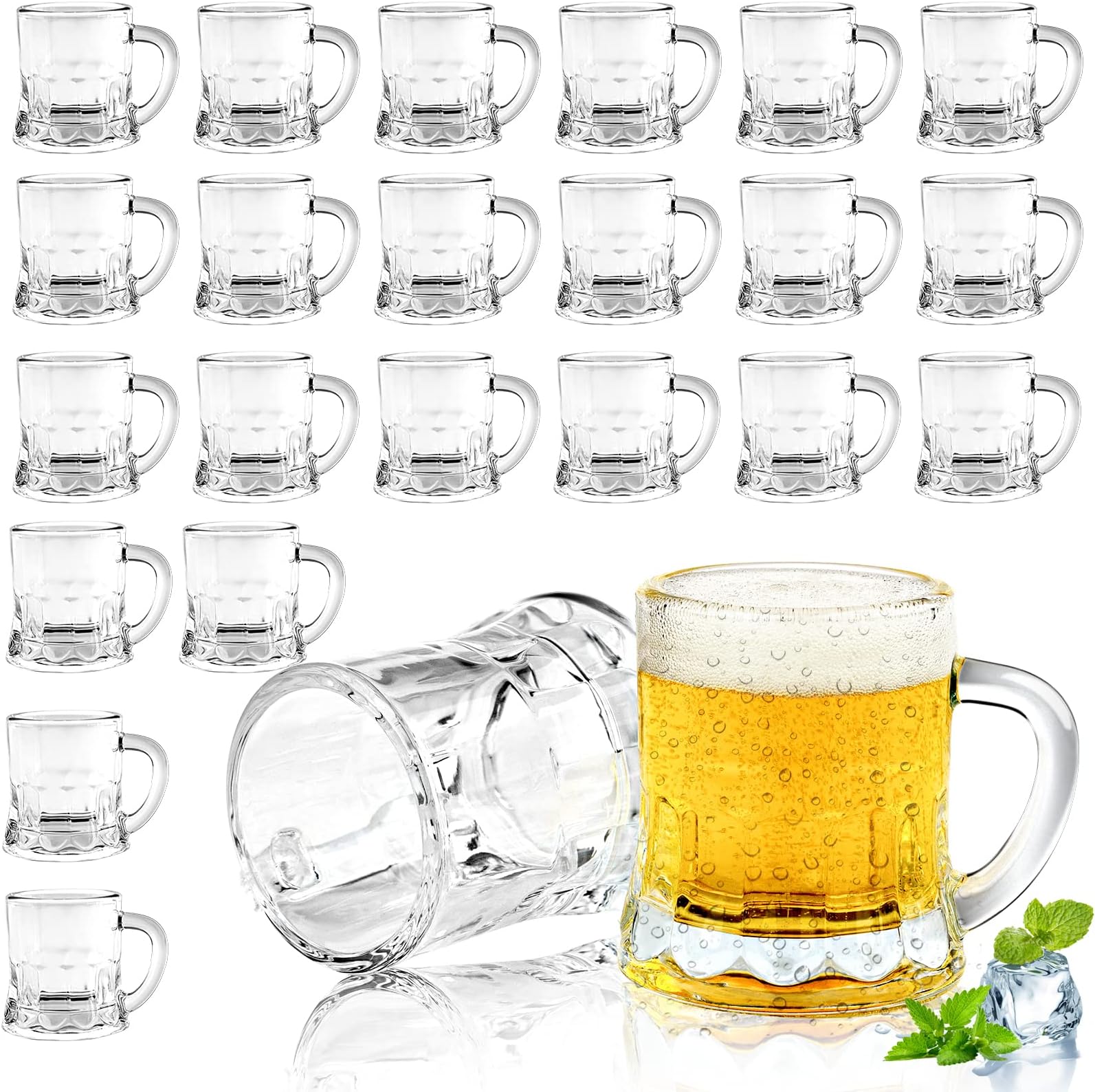 JUXINGDAZYF Mini Beer Mug Shot Glasses 24 Pcs, 2 Oz Mini Beer Mugs with Handles, Mini Glass Mugs for Beer, Whiskey, Tequila, Vodka