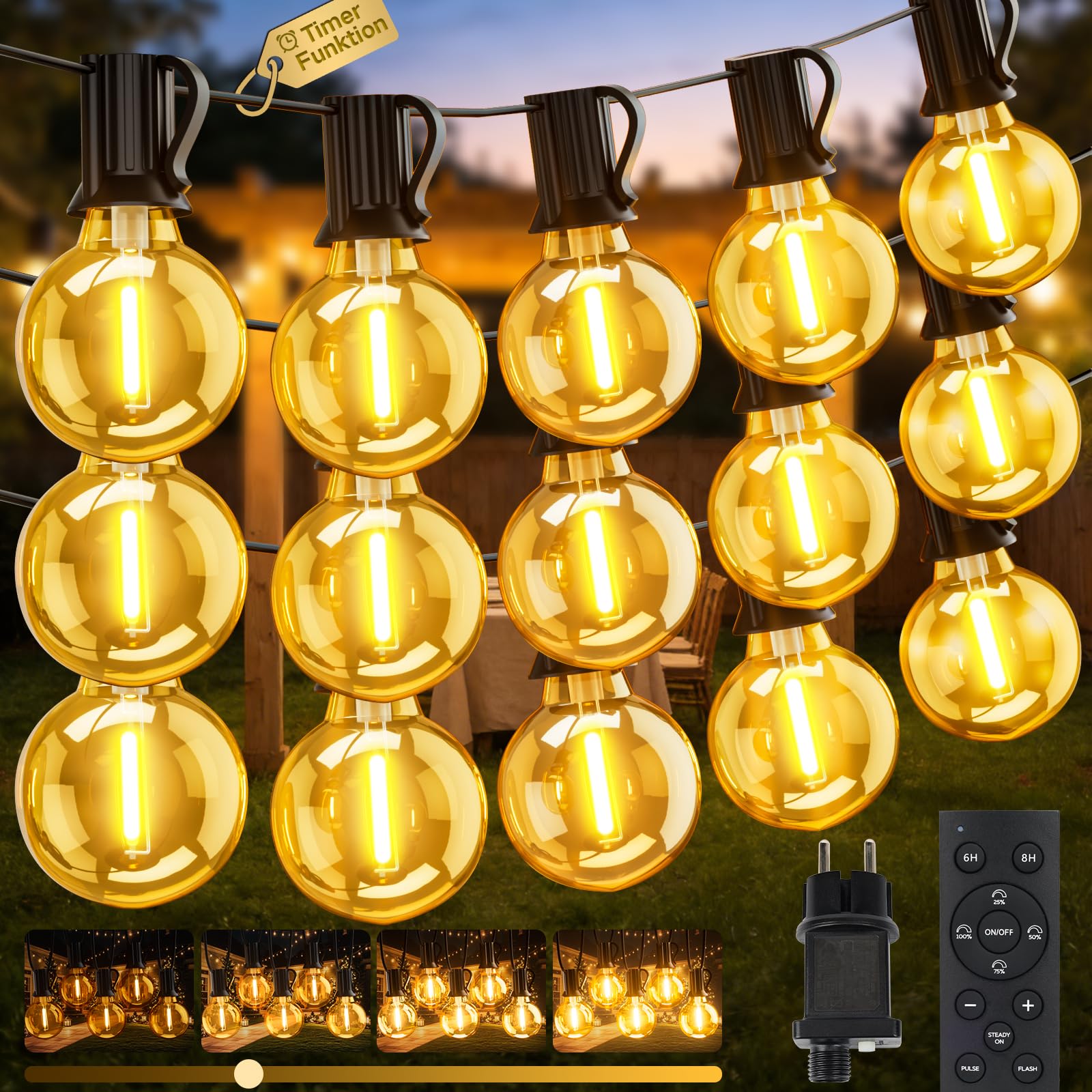 Lichterkette Außen Strom 45m, Dimmbar & Timer LED Lichterkette Outdoor mit Fernbedienung, IP65 Wasserdicht Lichterketten Glühbirnen, Außenbeleuchtung für Garten Pavillon Terrasse Balkon Party Draußen