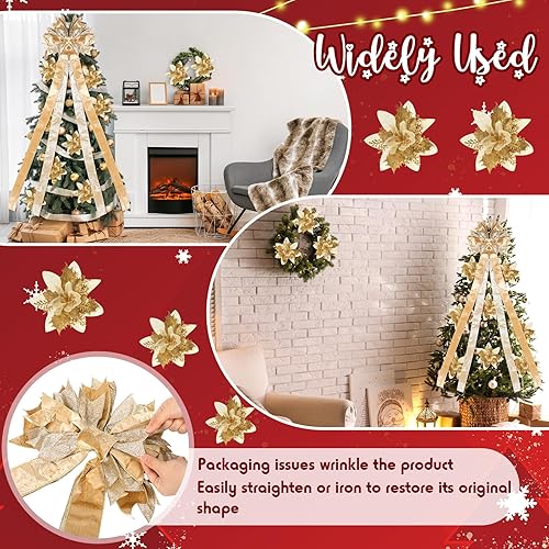 Miniatura 4 de Juego de lazo para decoración de árbol de Navidad de 10 x 13 pulgadas, lazo de terciopelo grande con serpentinas largas, lazo en forma de flor de