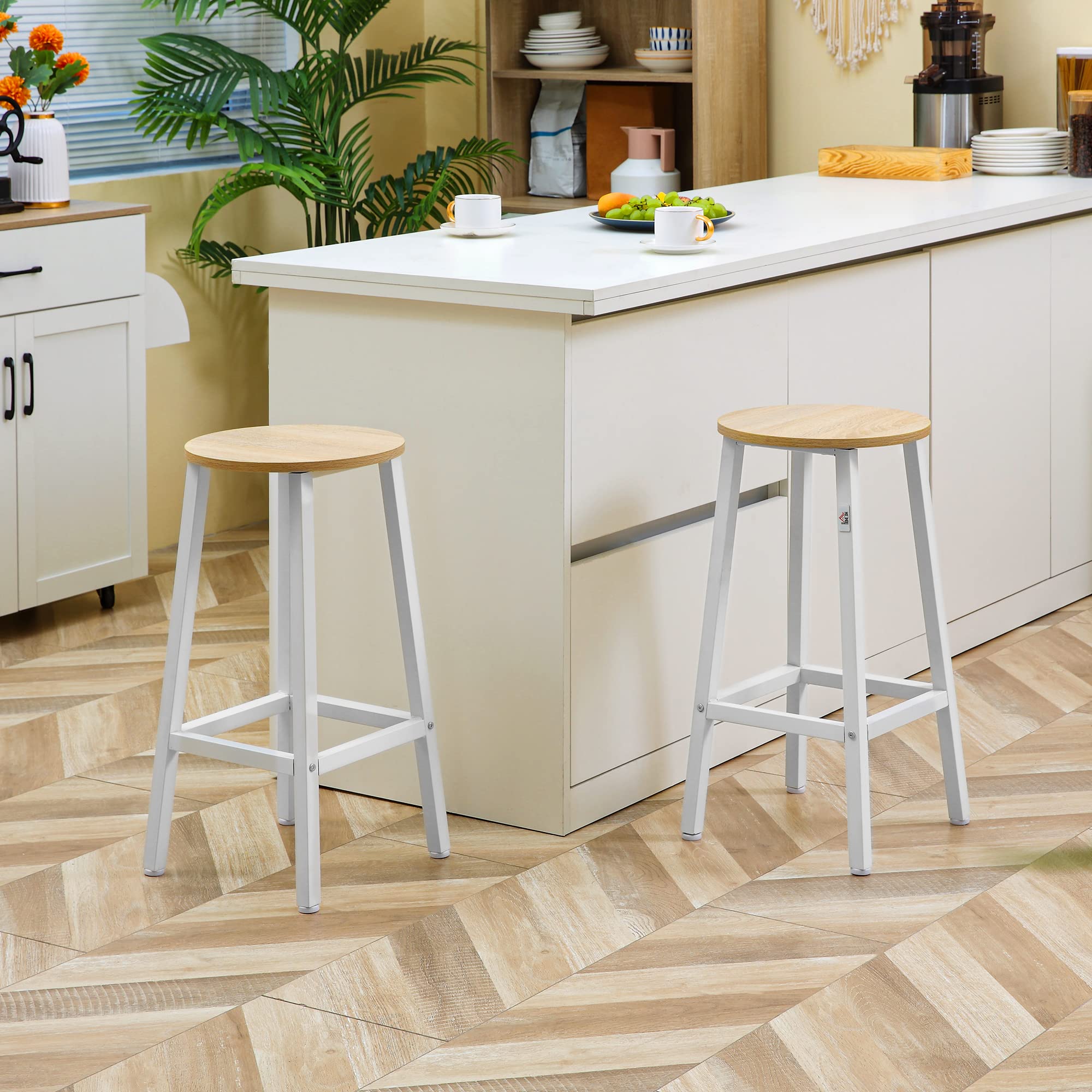 HOMCOM Juego de 2 Taburetes Altos de Cocina 65 cm Madera Natural y Blanco | Taburetes de Bar, Patas de Acero, Reposapiés, para Salón Comedor Bar, Carga 75 kg