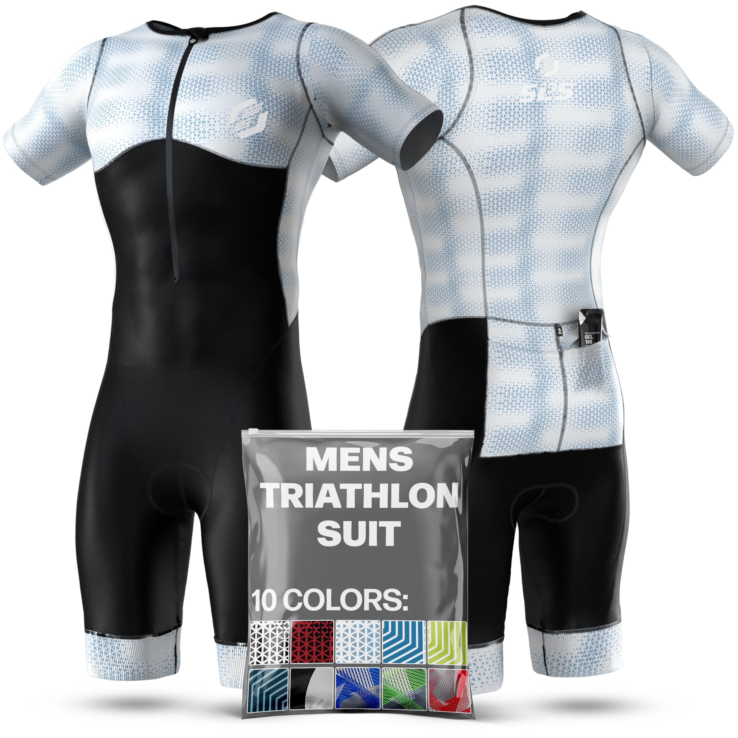 SLS3 Mens Triathlon Suit - Tri Suit Mens Short Sleeve - Breathable, Quick Drying Trisuit with 2 Pockets, Custom Padding for Cycling, Swimming & Running, Aero Design (Sky Blur, L)