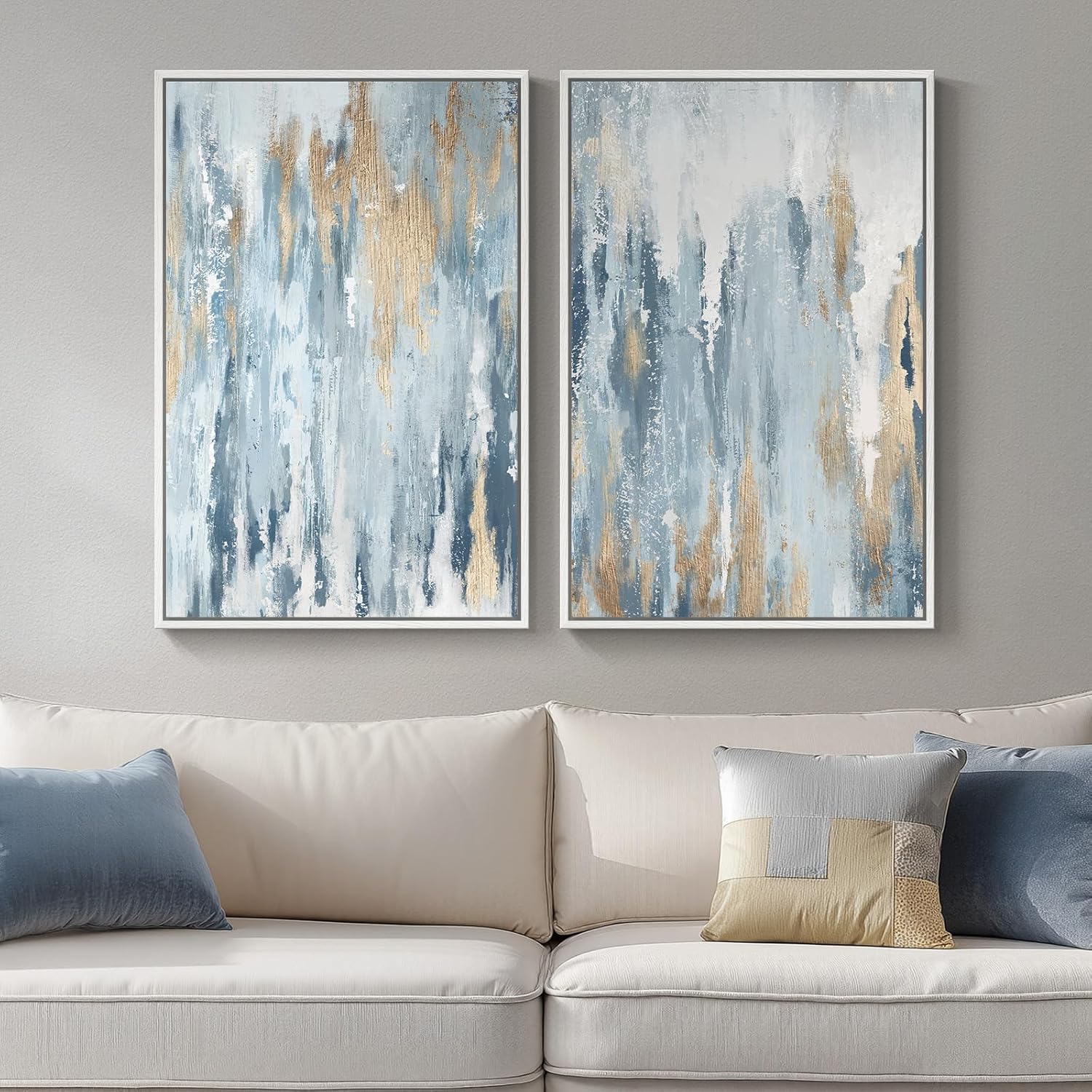 Large White Framed Blue and Gold Abstract Canvas Wall Art, 2 Piece Modern Minimalist Art Prints Paintings Artwork for Walls, Glitter Pictures for Living Room, Dining Room, Bedroom Wall Decor 20x30 In 20" W x 30" H x 2Pcs Blue Flow