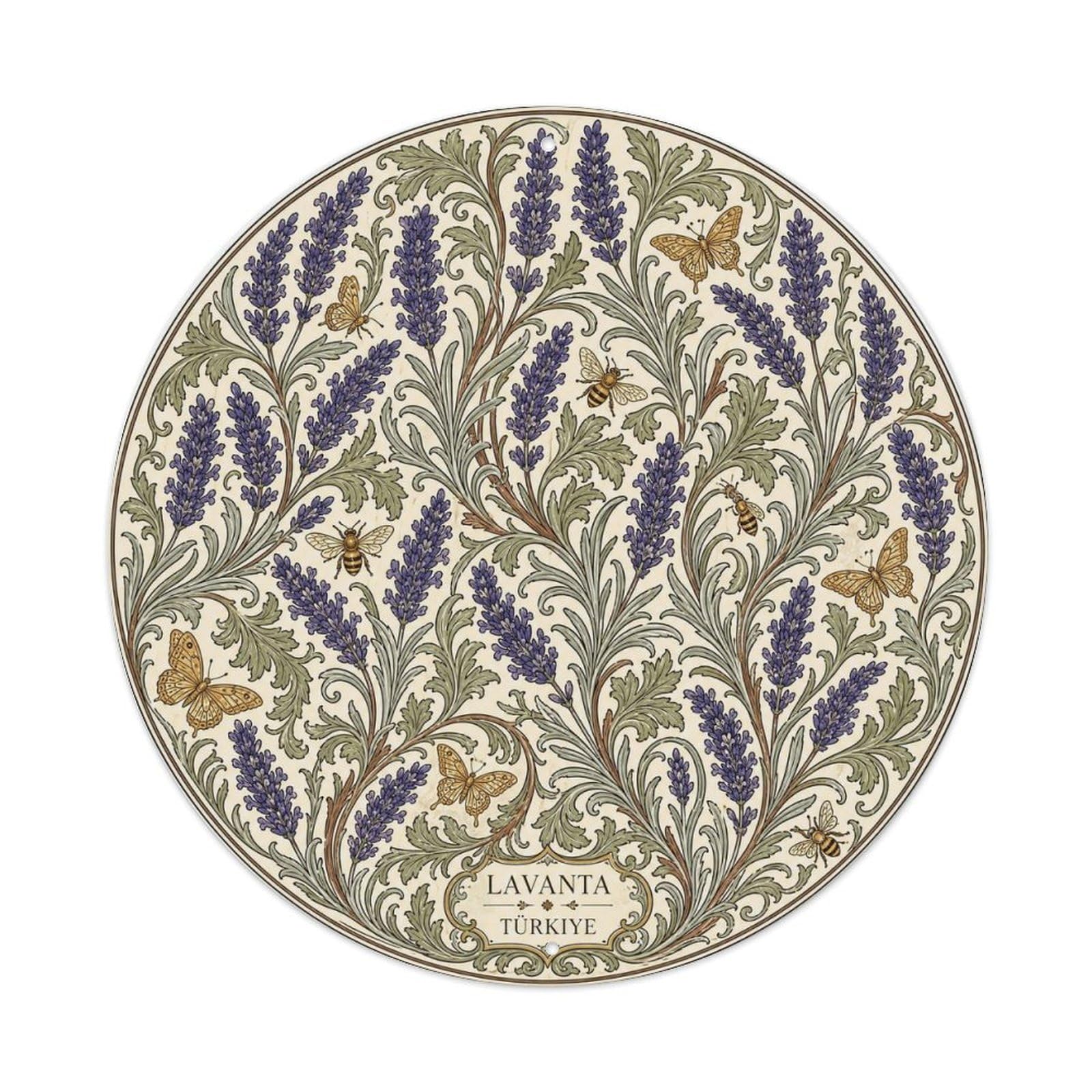 Lavender Floral Pattern Turkish Ivory White Metal Tin Sign