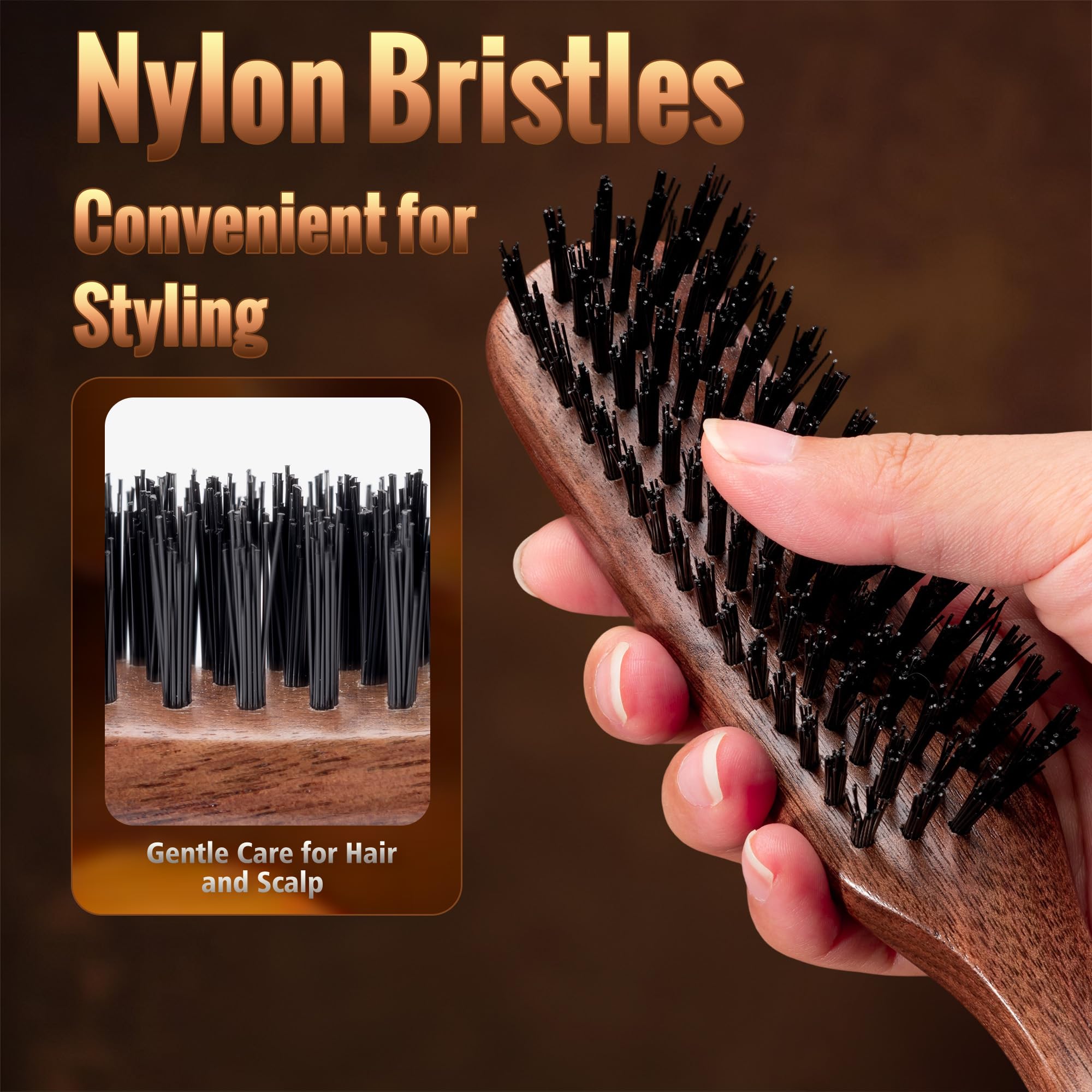 STYLEMATE Spazzola per capelli da uomo, con setole rigide in nylon, per capelli spessi, con manico in legno di noce nero naturale per lisciare, districare, acconciare