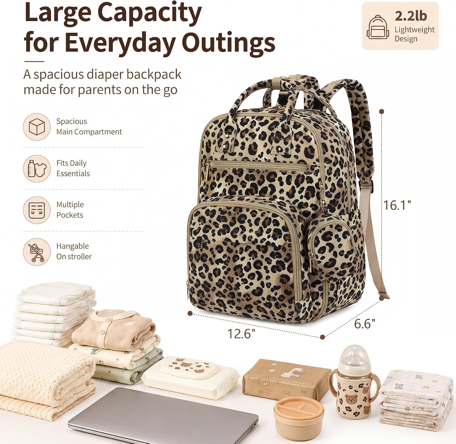 Corduroy Diaper Bag Backpack with Insulated Bottle Pockets, Leopard image 4