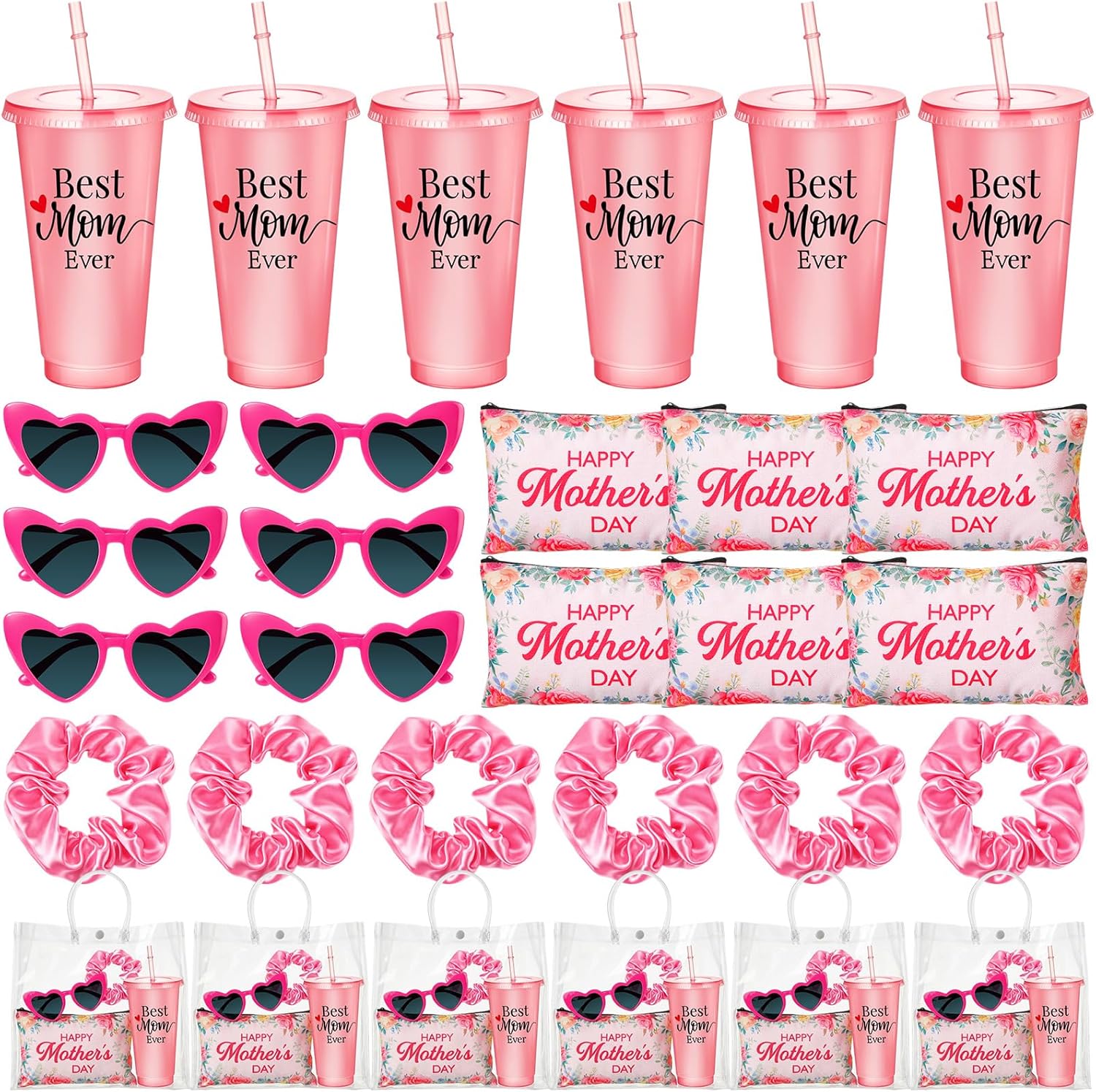 30 Pcs Happy Mother's Day Gifts Bulk Sets Include Mom Makeup Bags Best Mom Ever Tumbler Party Heart Glasses Pink Scrunchies and Clear Tote Bag for Women Mother Party Favors