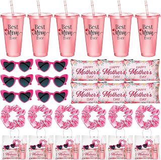 30 Pcs Happy Mother's Day Gifts Bulk Sets Include Mom Makeup Bags Best Mom Ever Tumbler Party Heart Glasses Pink Scrunchies and Clear Tote Bag for Women Mother Party Favors