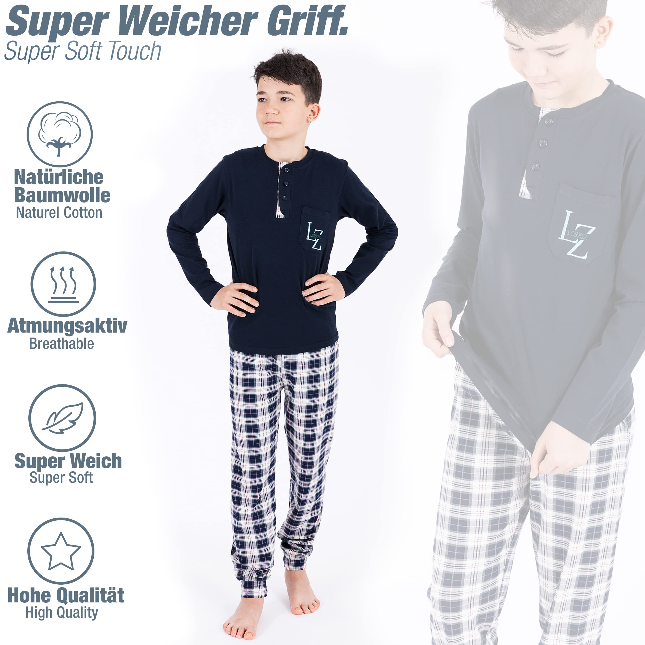 LOREZA ® Pyjama pour garçons Coton Ensemble Deux pièces Costume de Maison vêtements de Nuit Manches Longues
