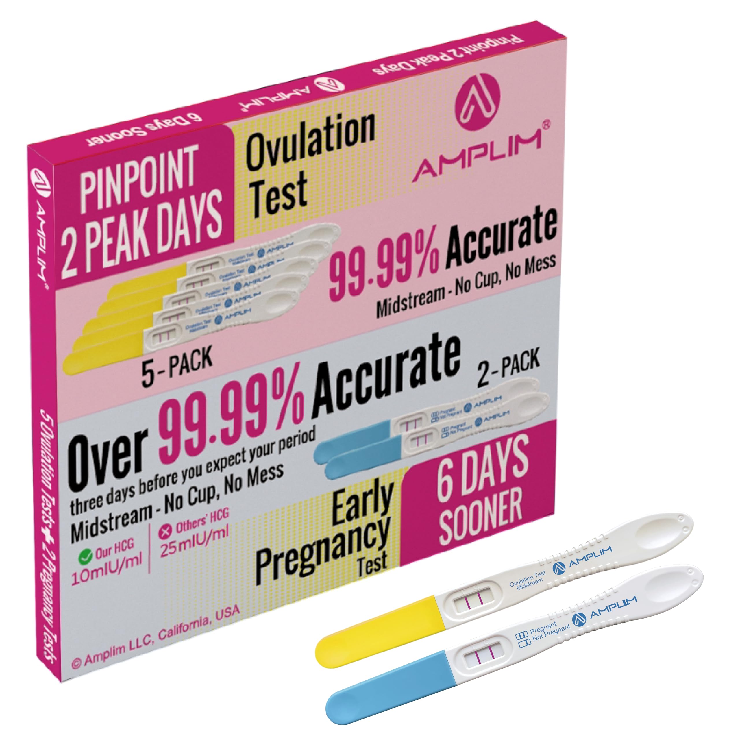Amplim Pregnancy Test and Ovulation Tests Kit, 7 Pack Bulk Early Detection HCG & LH Sticks, FSA HSA Eligible, 99.99% Accurate at Home Predictor 6 Days Early Result, Extra Sensitive Fertility Tracker