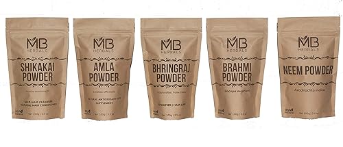 MB Herbals Paquete COMBO de polvos para el cuidado del cabello | Shikakai | Neem | Brahmi | Amla | Bhringaraj | Polvos | 3.53 oz cada uno | Para