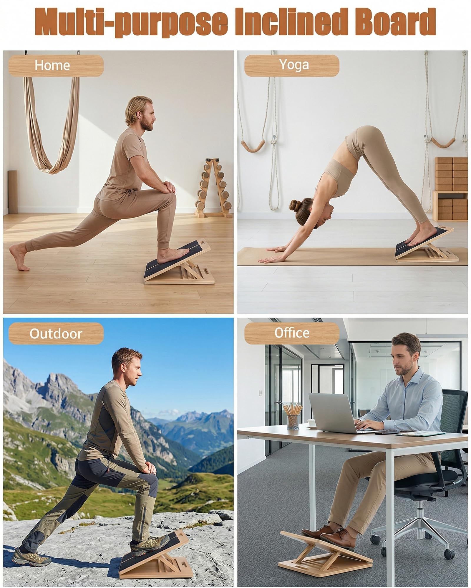 Tavola Inclinata 40×30×4,5 cm, Balance Board Legno Regolabile per Stretching, Squat, Polpacci e Riabilitazione, Stretch and Mobility Board per Uso Domestico, Palestra e All'aperto