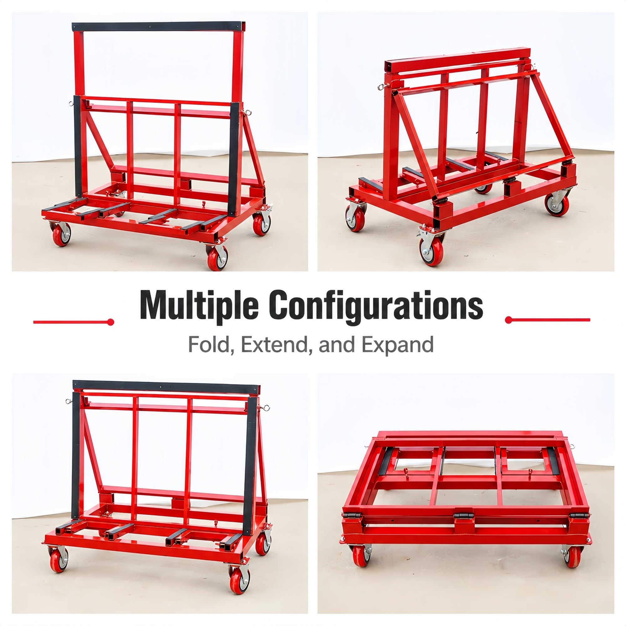 Klappbarer Plattenwagen for Platten, Glas, Stein und Türen | Verstellbare Rückenlehne und erweiterbare Plattform for breite Formate(8IN 4BRAKE)