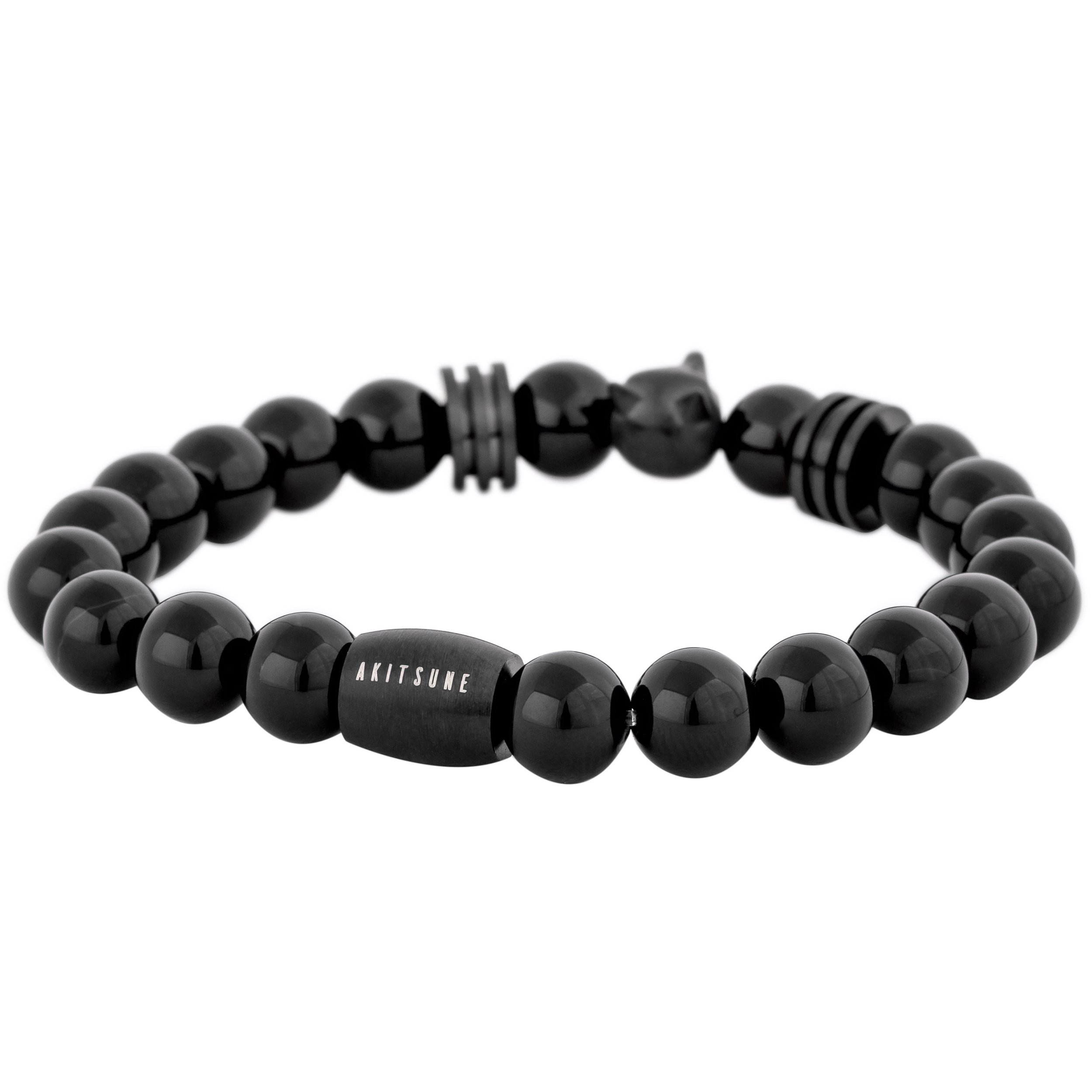 Akitsune Obsidian Perlenarmband | Premium Armband für Männer | Perlenarmband Herren mit Edelsteinen & Edelstahl Fuchs-Emblem | Exklusive Schmuckschachtel | Tolle Geschenkidee